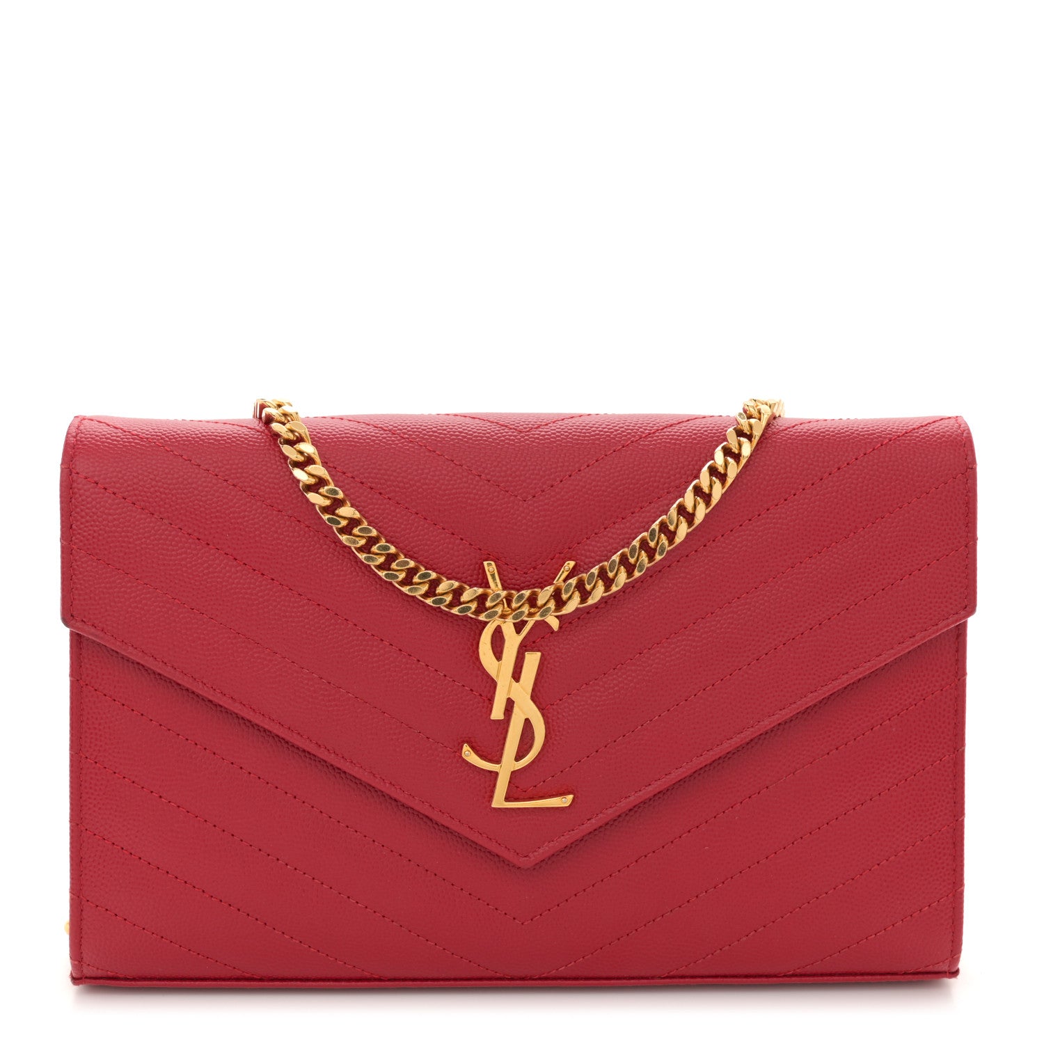 Saint Laurent Grain De Poudre Matelasse Chevron Monogram Chain Wallet Red 1 of 13