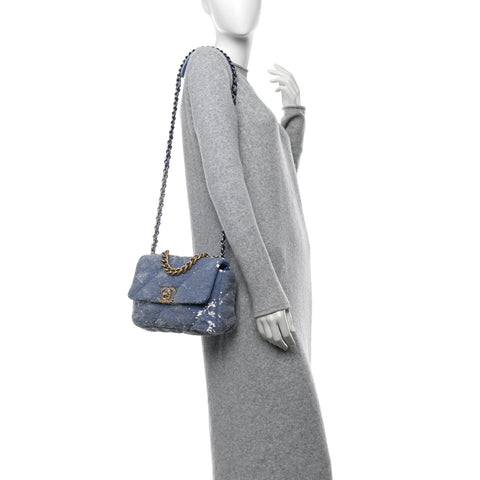 Sequin Quilted Medium Chanel 19 Flap Light Blue