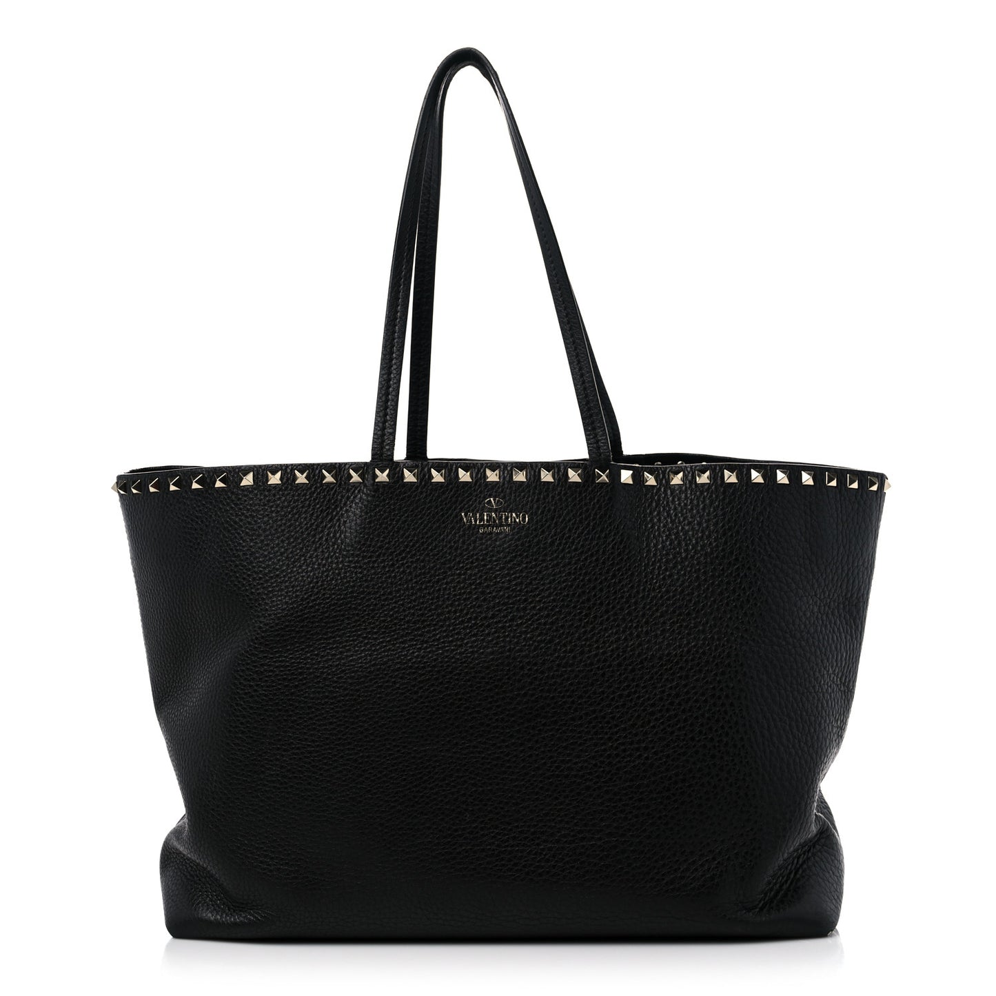 Grained Calfskin Rockstud Shoulder Tote Black