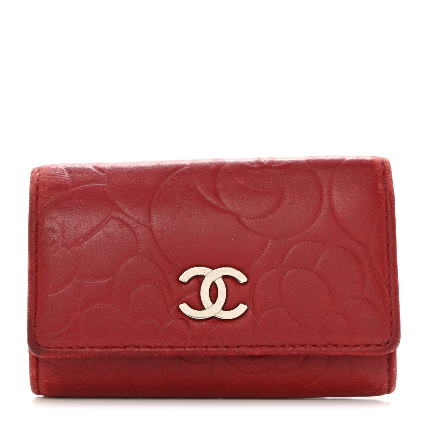 Lambskin Camellia Embossed 4 Key Holder Dark Red