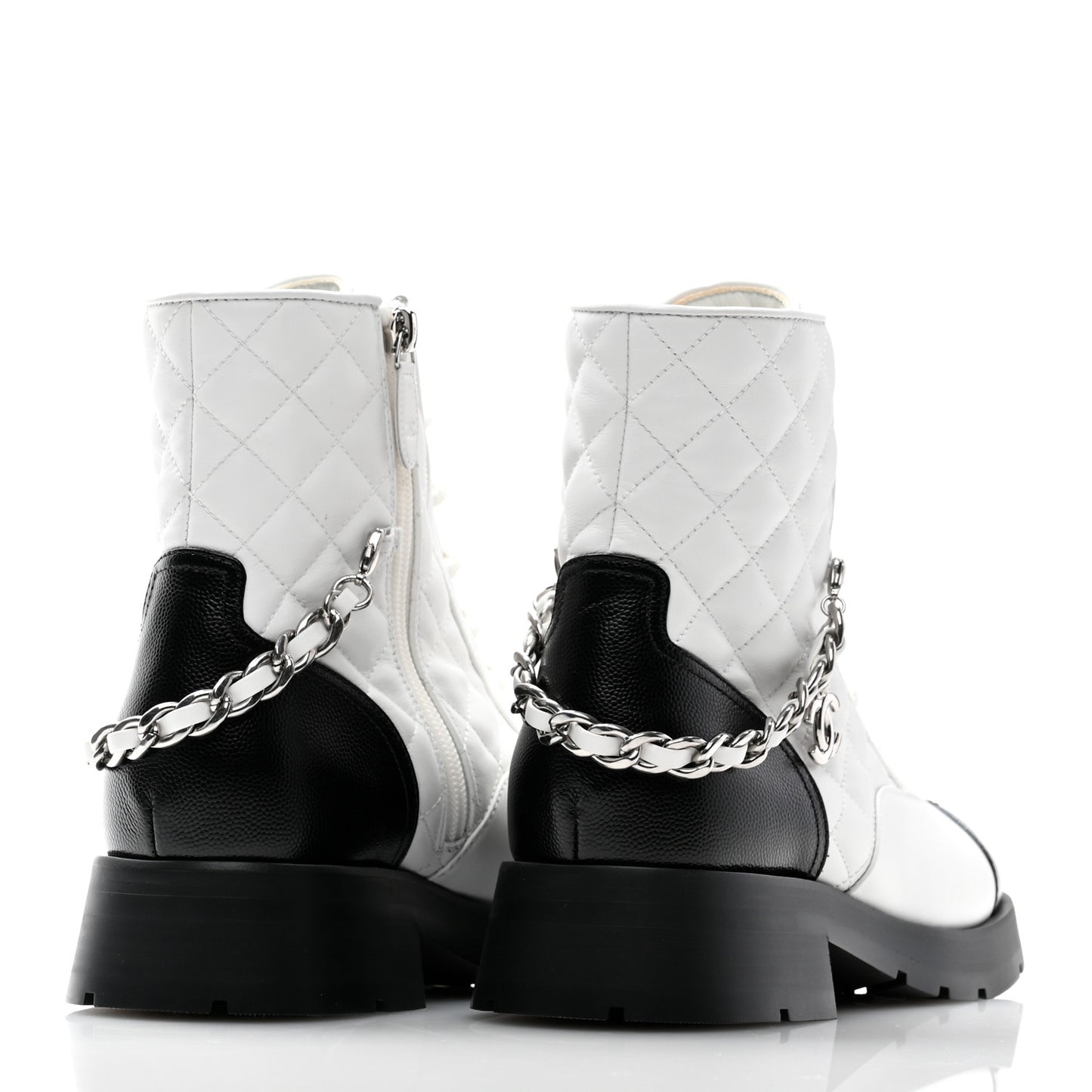 Caviar Calfskin Quilted Chain Lace Up Combat Boots 38 White Black