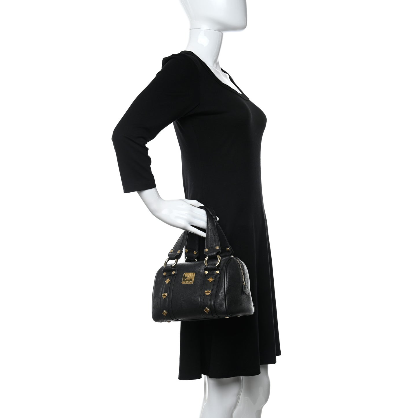 Grained Calfskin Studded Boston Bag Black