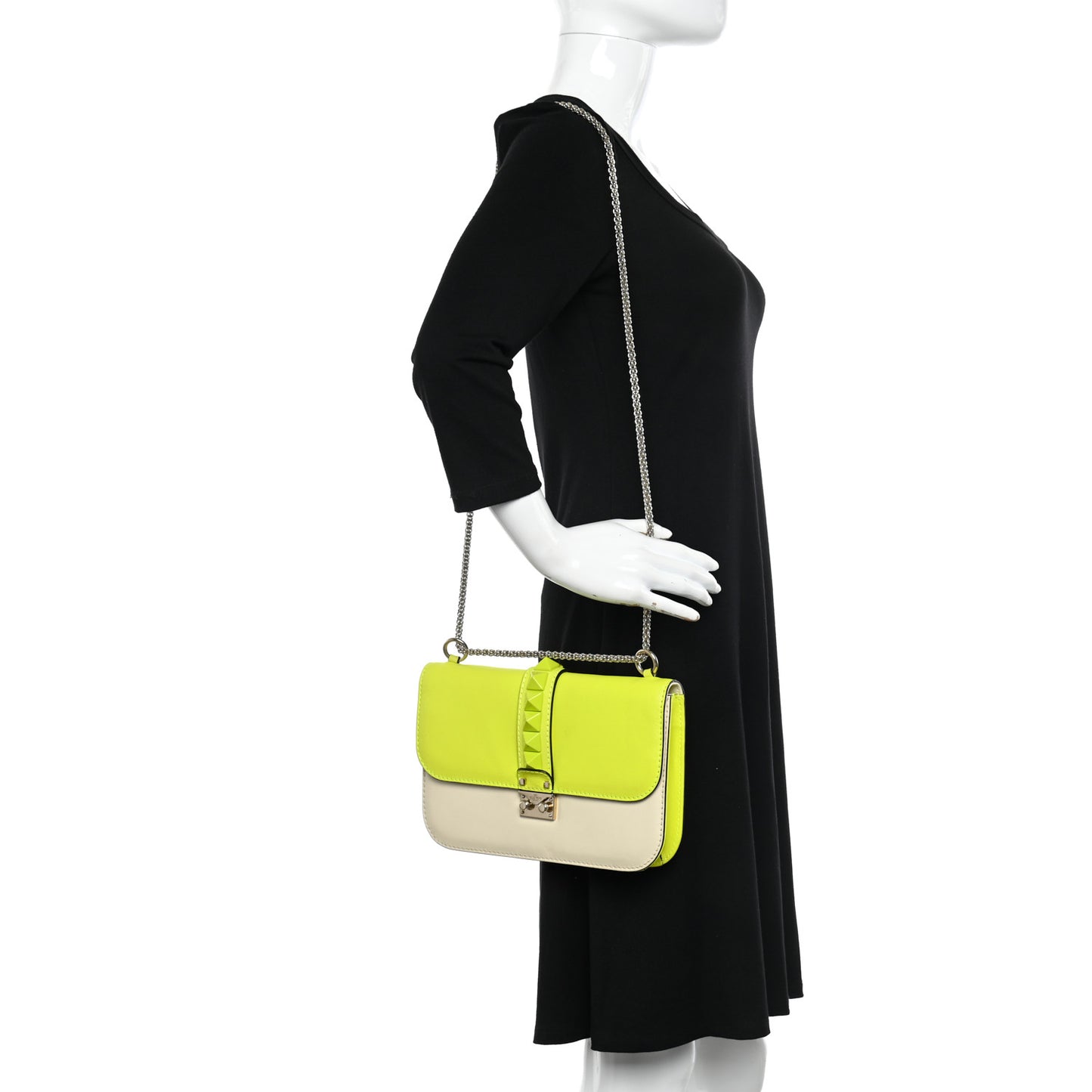 Vitello Medium Glam Lock Rockstud Flap Yellow Fluo Light Ivory