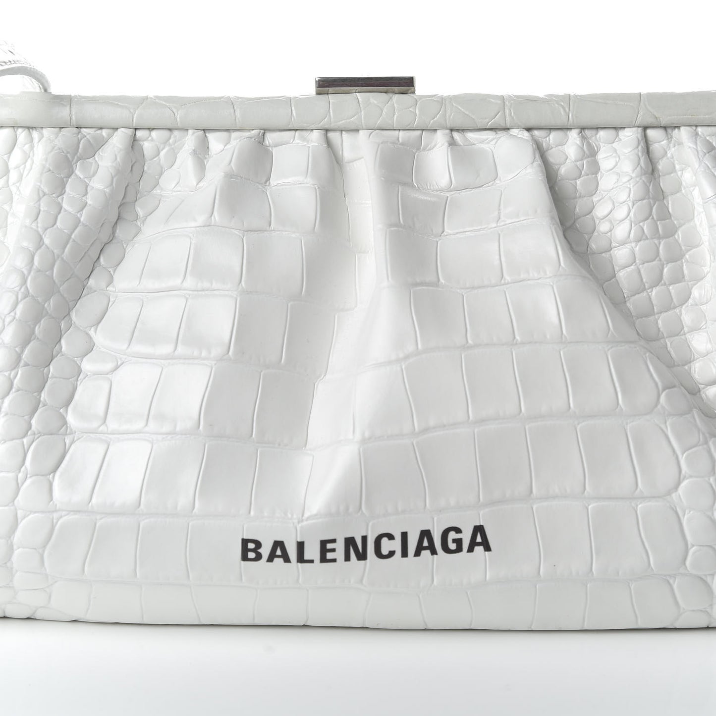 Shiny Supple Calfskin Logo Crocodile Embossed XL Cloud Clutch White
