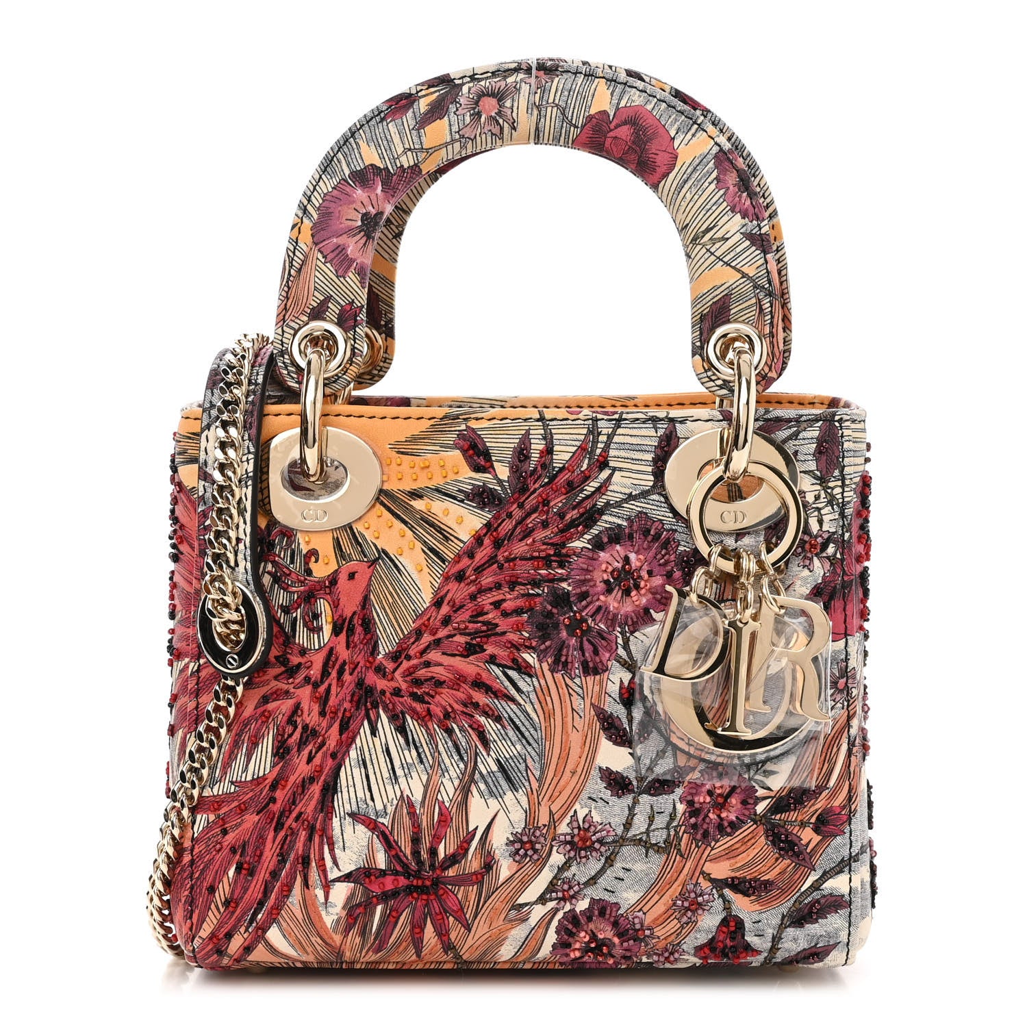 クリスチャンディオール Christian Dior Embroidered Phoenix Mini Lady Dior Red Multicolor
