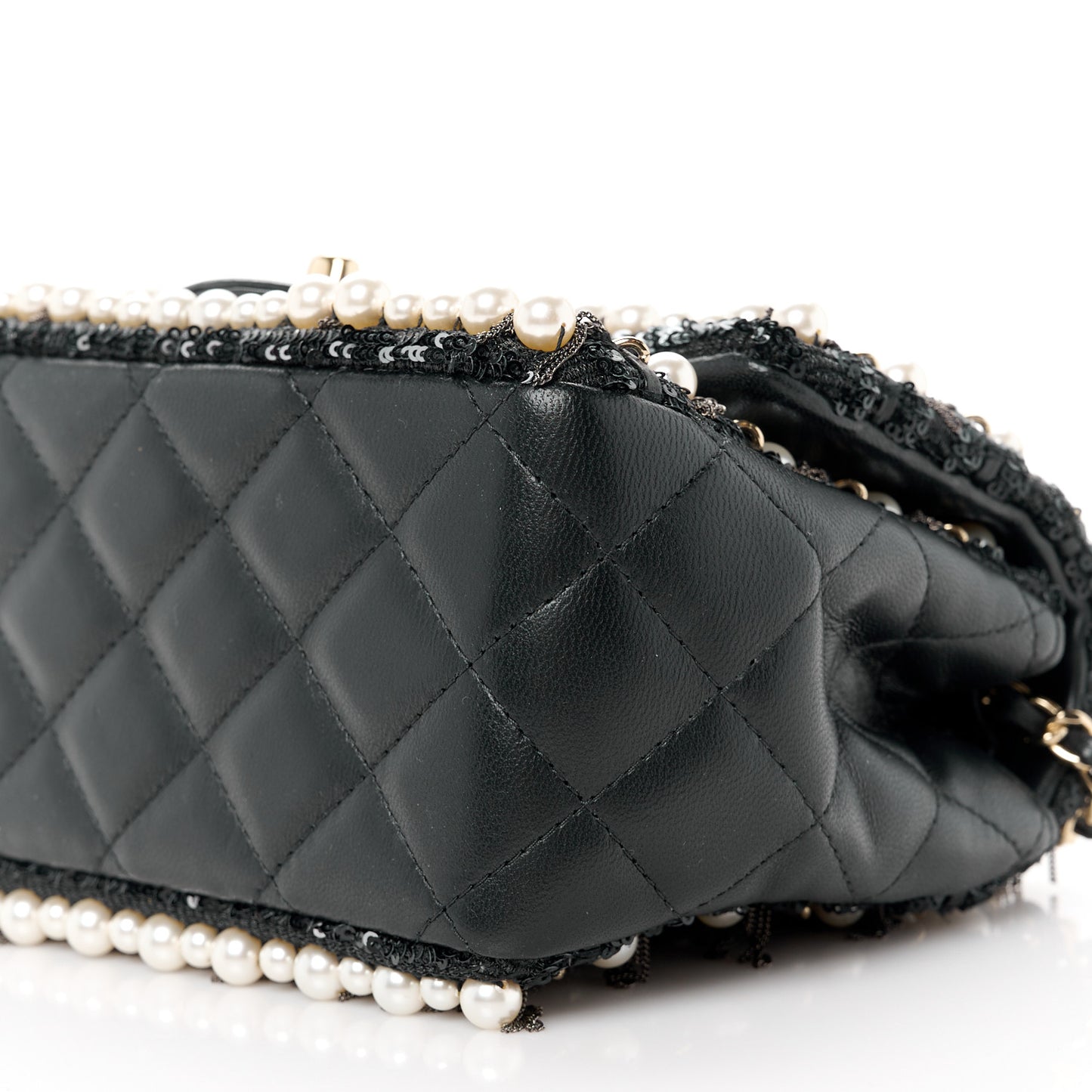 Lambskin Sequin Pearl Chain Fringe Mini Flap Black