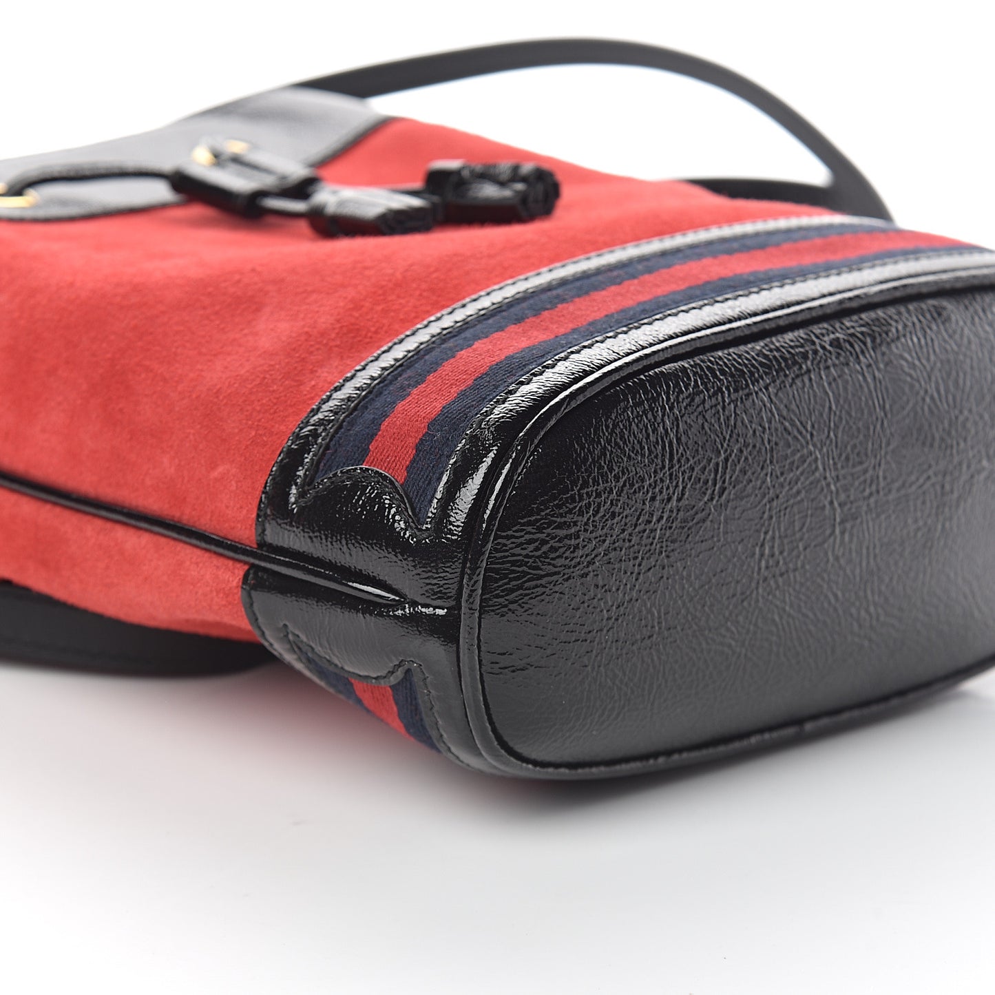 Suede Patent Web Small Ophidia Bucket Bag Hibiscus Red Black