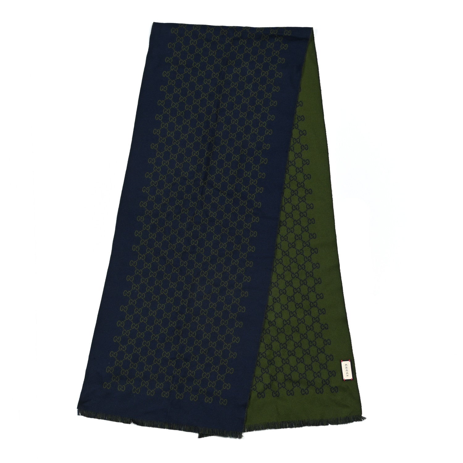 Gucci Wool Jacquard Monogram Fringe Scarf Navy Green 2 of 4