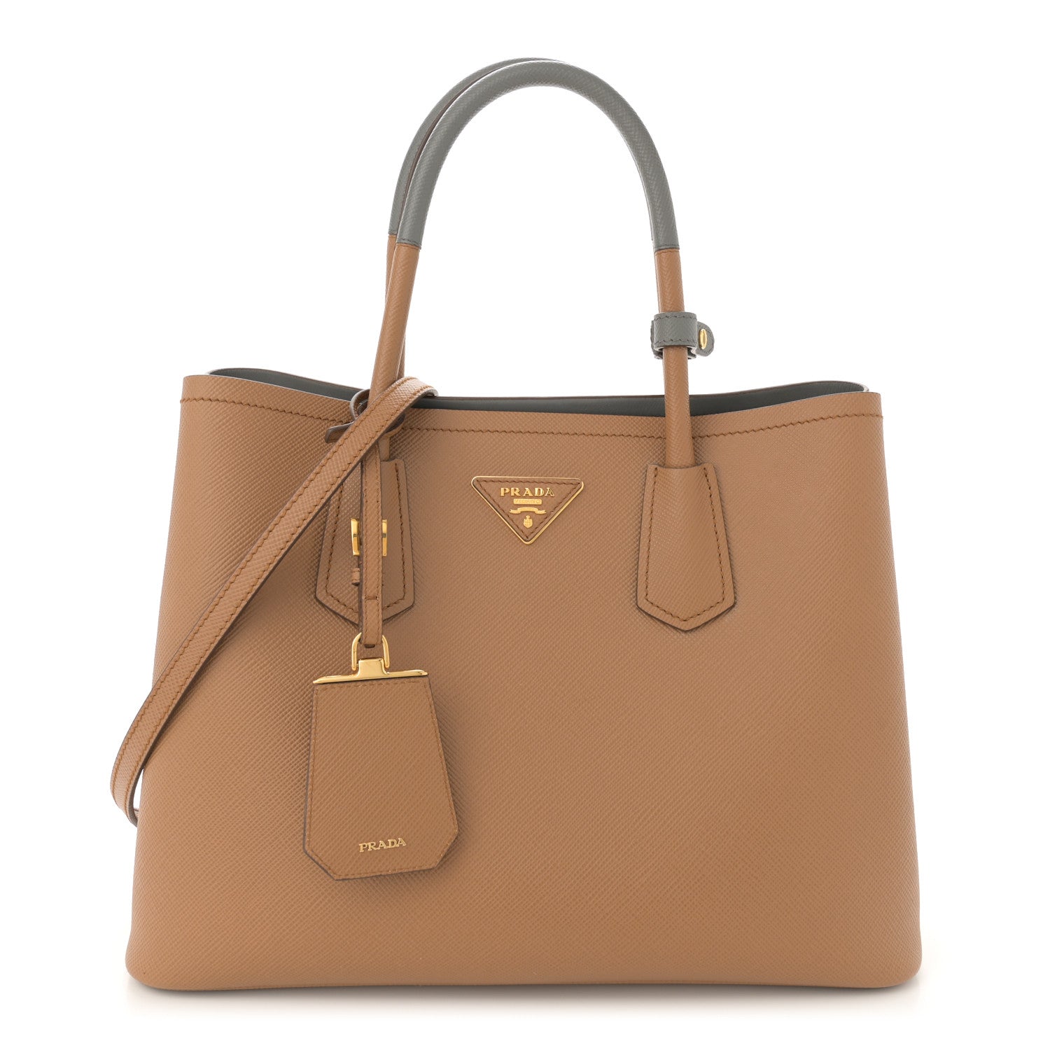 Prada Saffiano Cuir Bi-Color Medium Double Bag Caramel Marmo