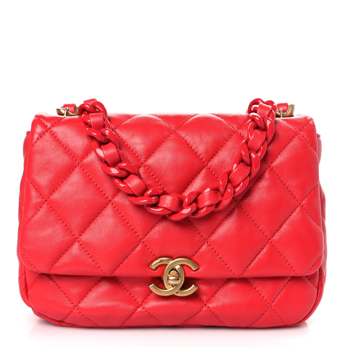 Lambskin Quilted Small Lacquered Chain Flap Red