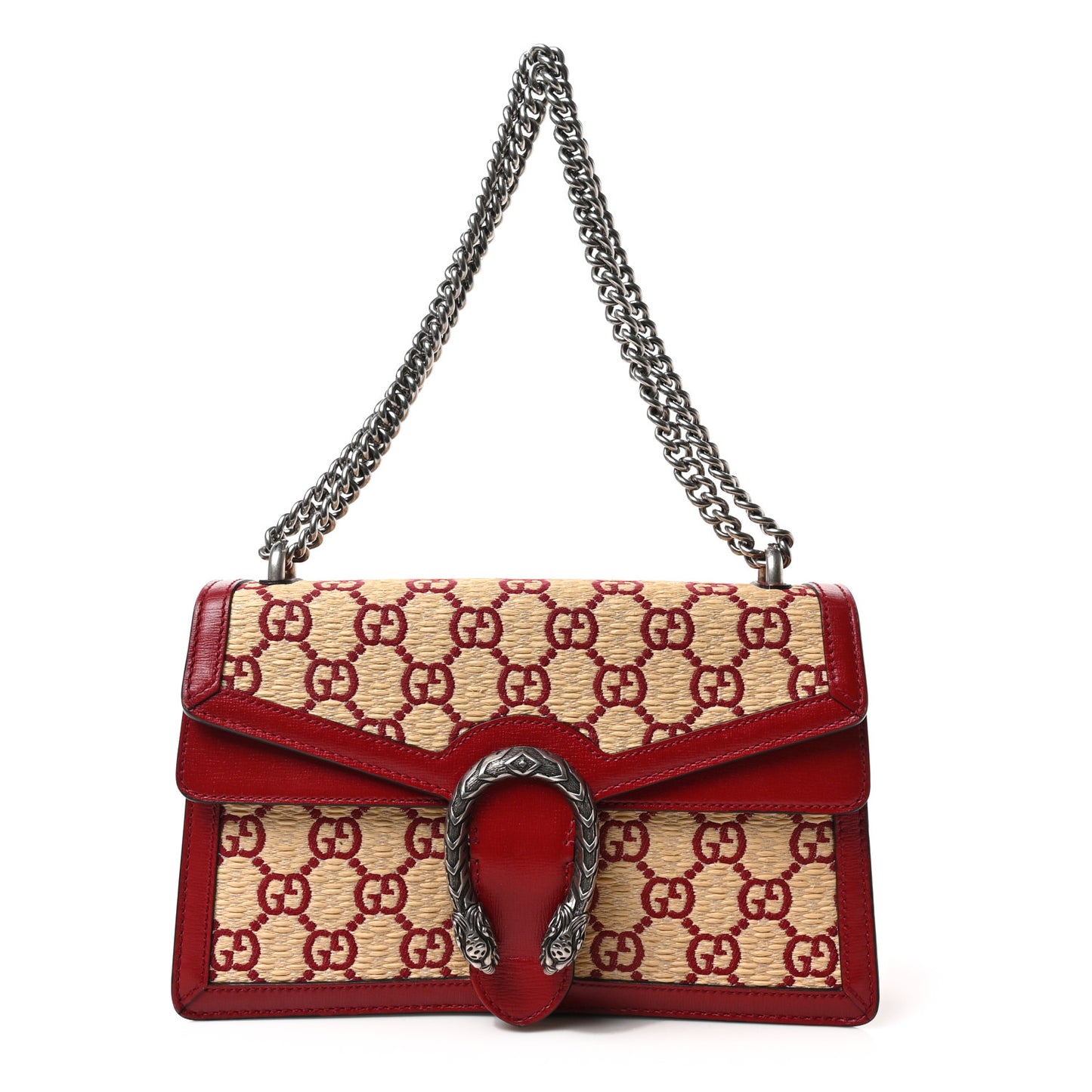 Straw Jacquard Azalea Calfskin GG Monogram Small Dionysus Shoulder Bag Natural New Cherry Red
