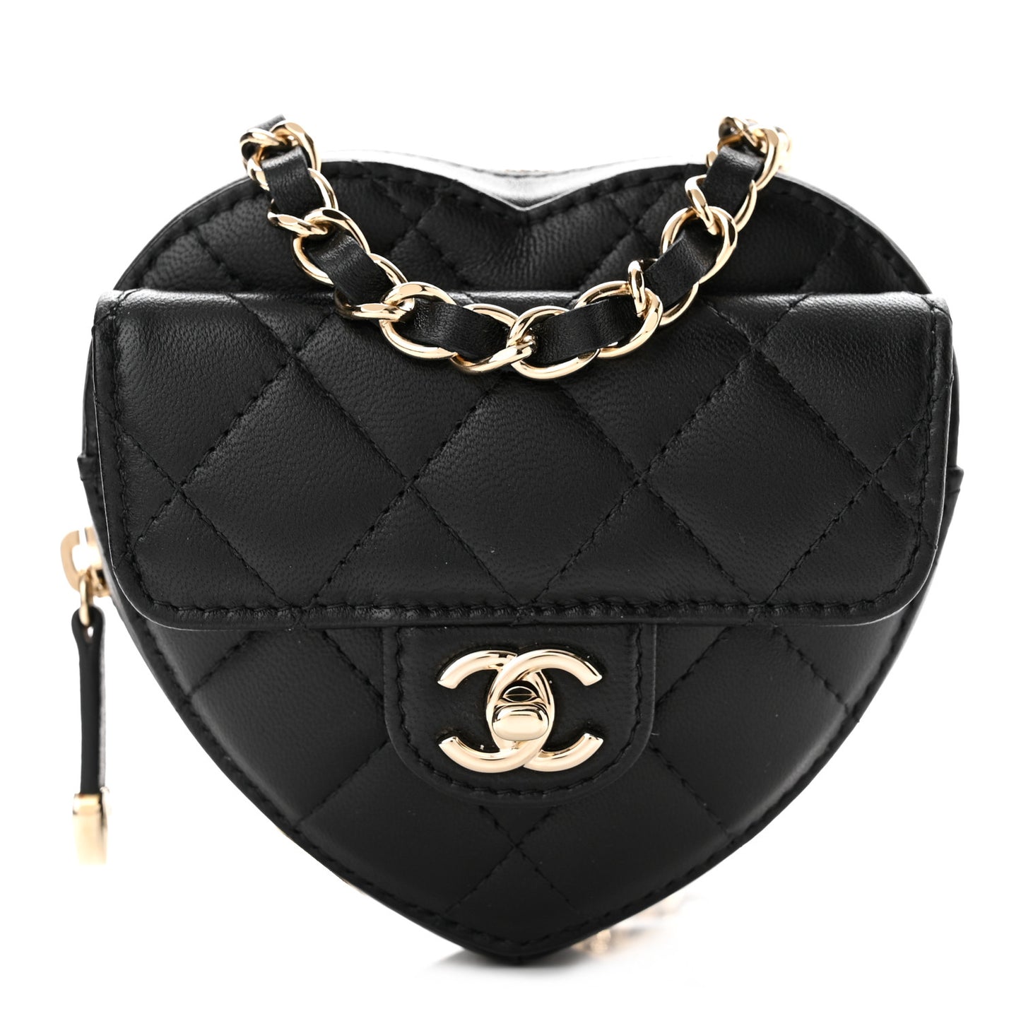 Lambskin Quilted CC In Love Heart Waist Belt Bag With Chain Black