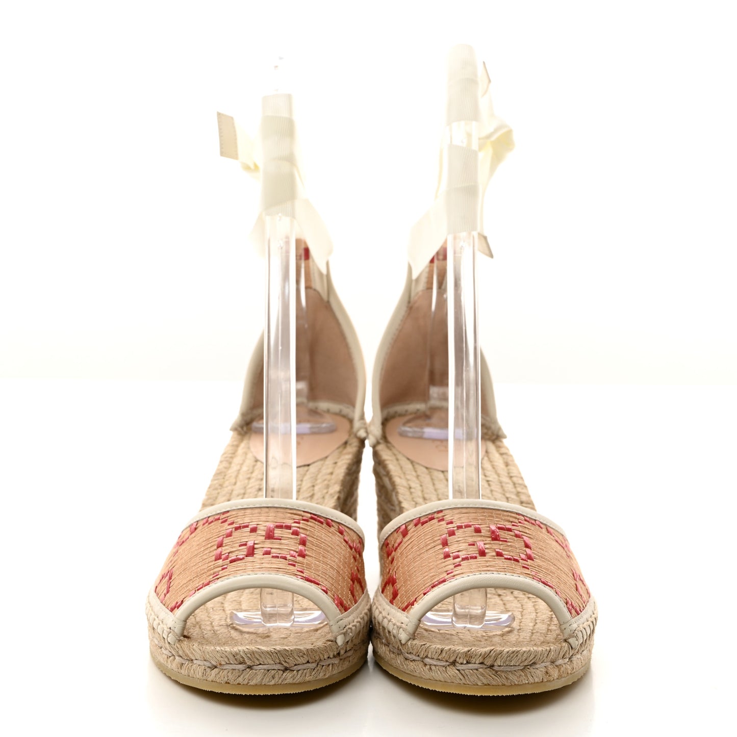 GG Raffia Monogram Ankle Wrap Platform Espadrille Wedge Sandals 40 Beige