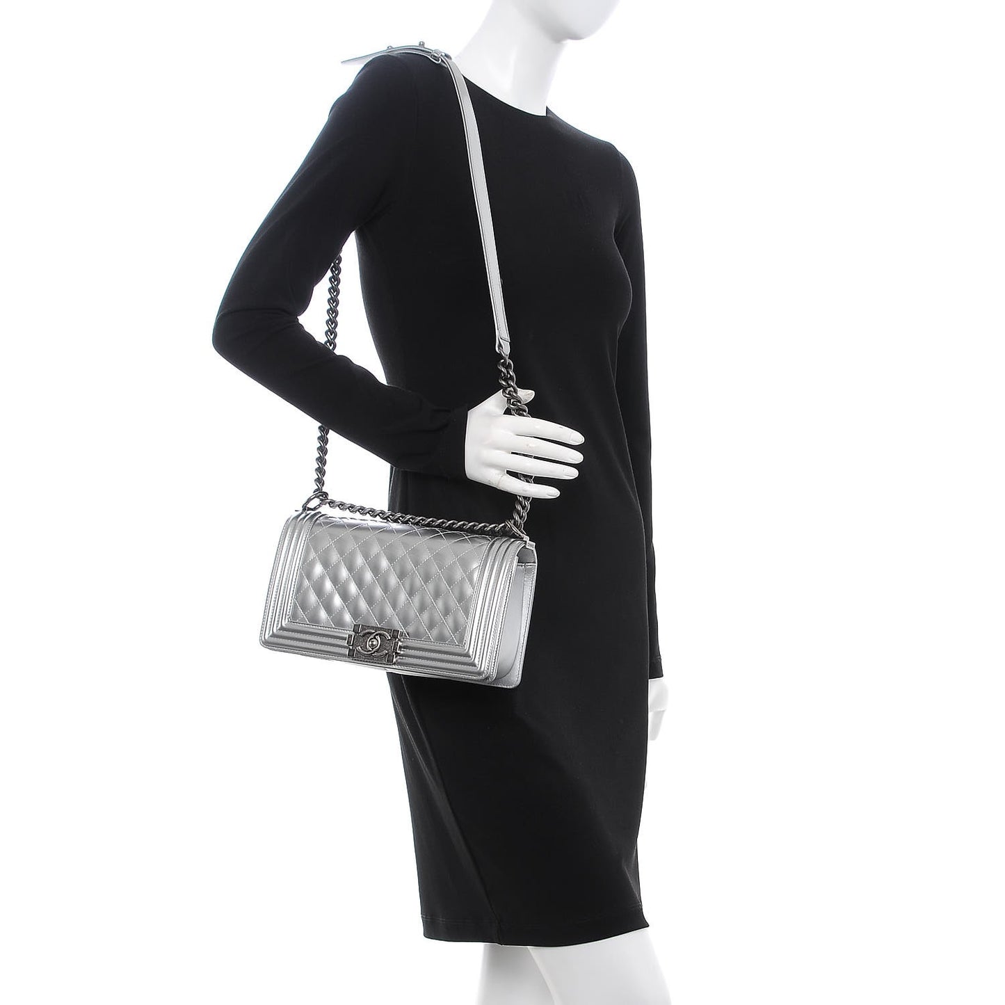 Metallic Patent Calfskin Quilted Medium Boy Flap Silver