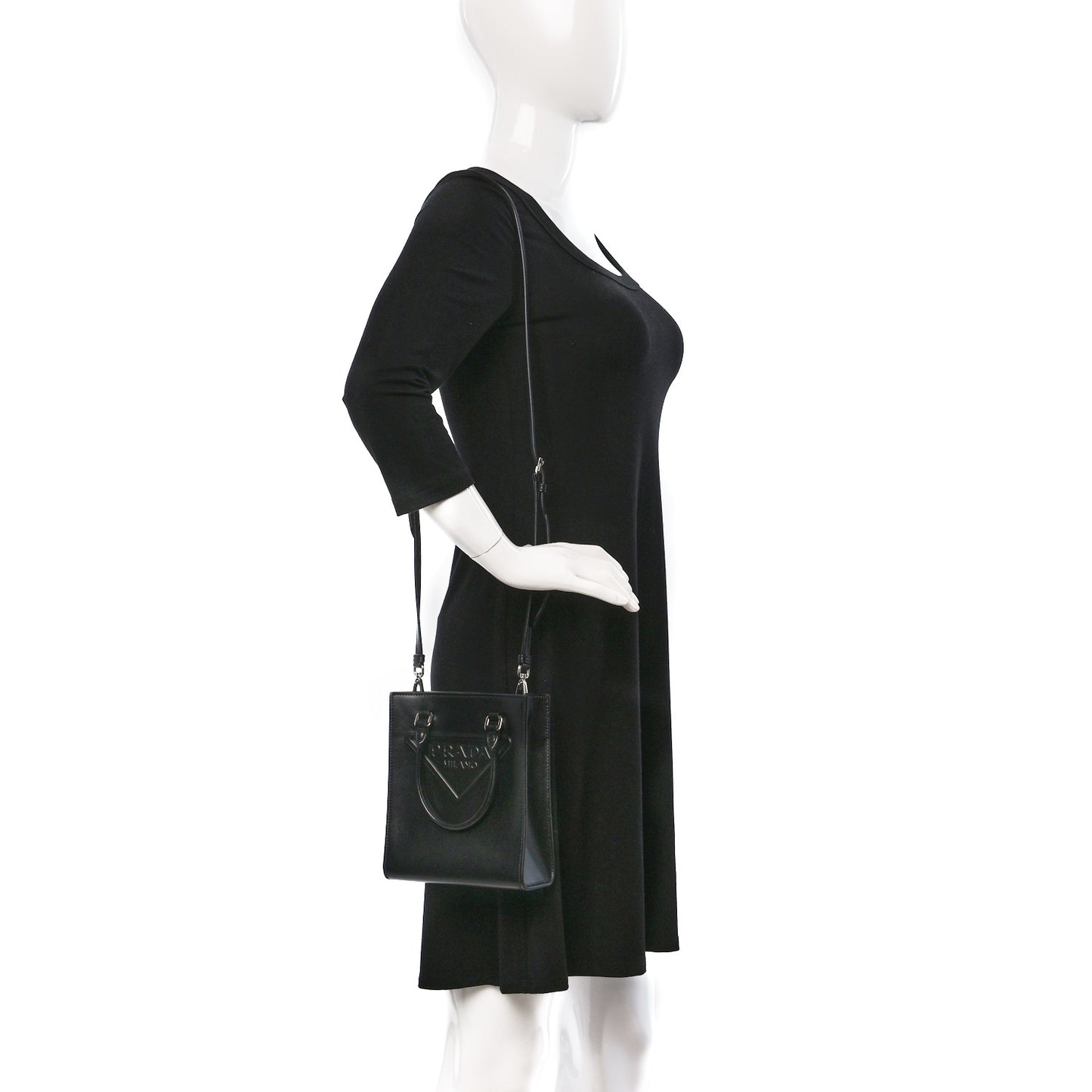 Soft Calfskin Triangle Logo Embossed Small Double Handle Crossbody Tote Black