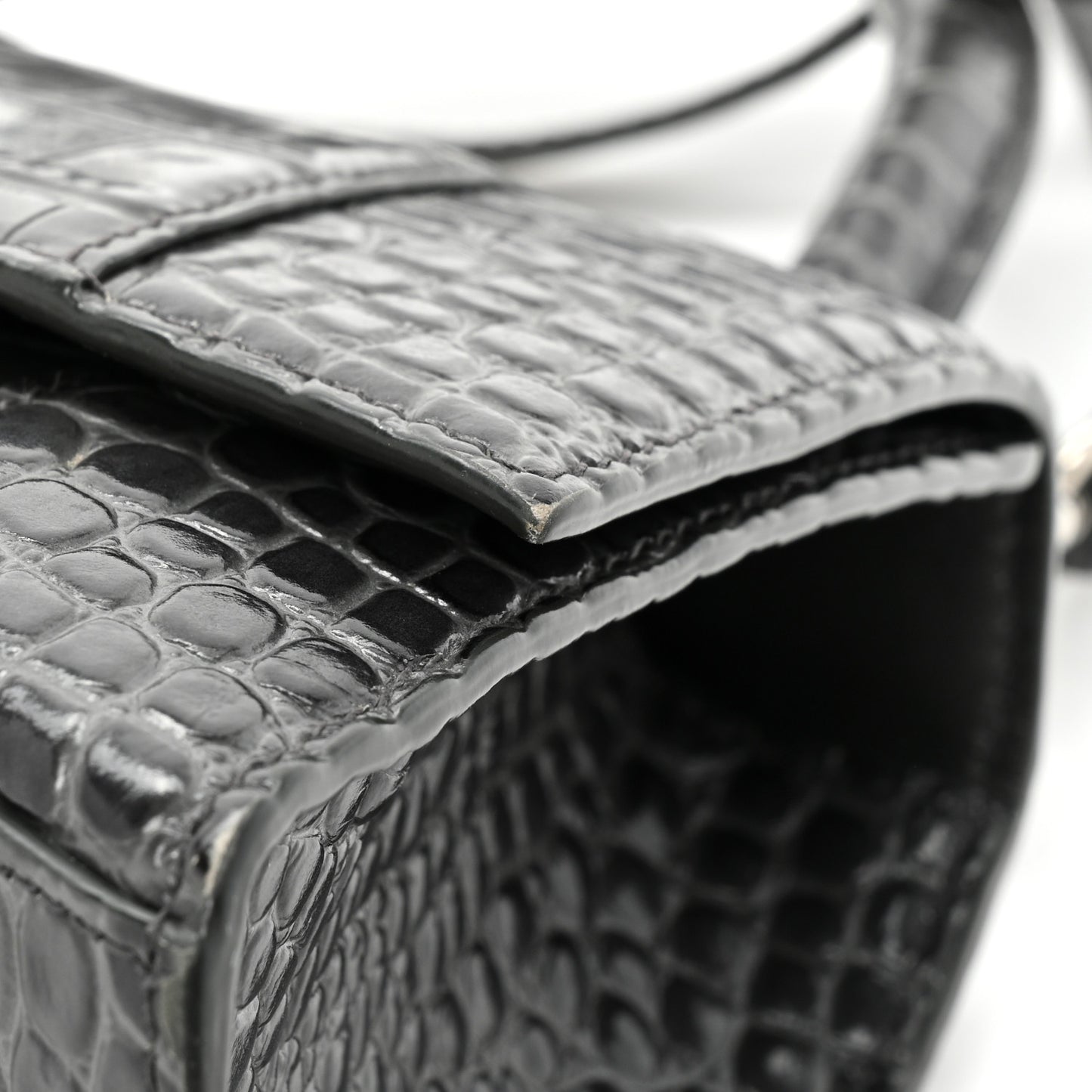 Shiny Calfskin Crocodile Embossed Small Hourglass Top Handle Bag Dark Grey