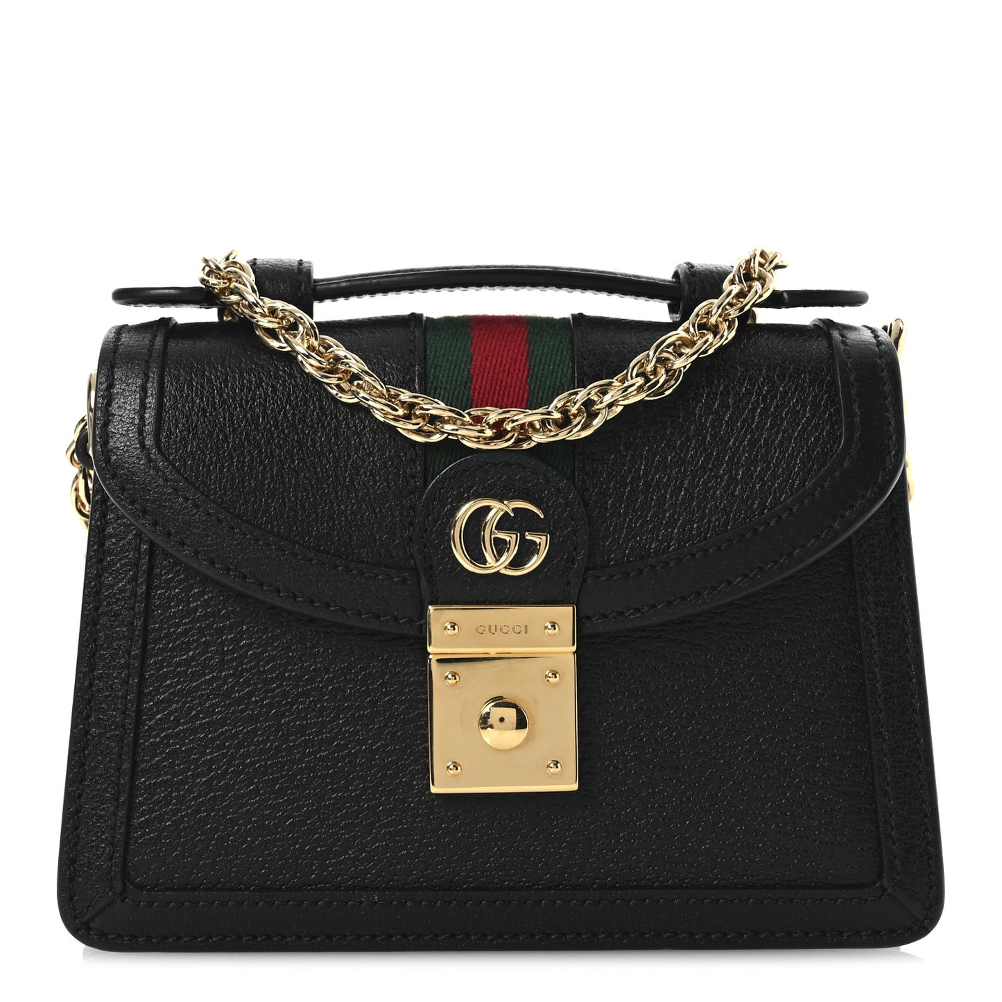 Textured Dollar Calfskin Web Mini Ophidia Padlock Top Handle Chain Shoulder Bag Black