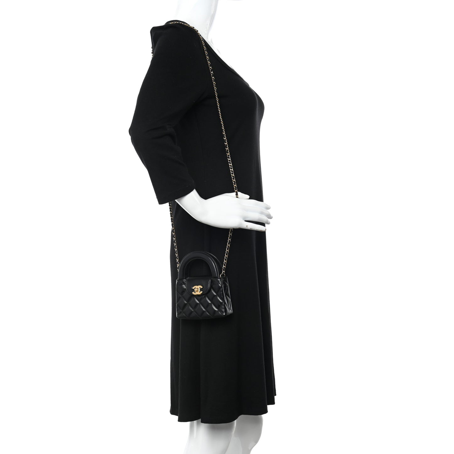 Shiny Aged Calfskin Quilted Mini Nano Kelly Shopper Black