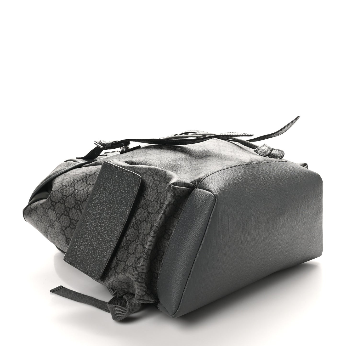 GG Supreme Monogram Textured Dollar Calfskin Medium Ophidia Double Buckle Backpack Grey Black Graphite Grey