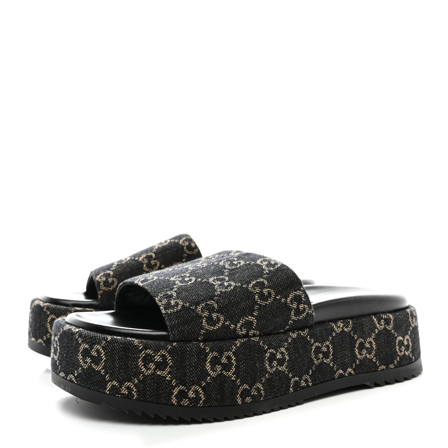 Jacquard Black Denim GG Monogram Angelina Platform 55mm Slide Sandals 38 Black Ivory