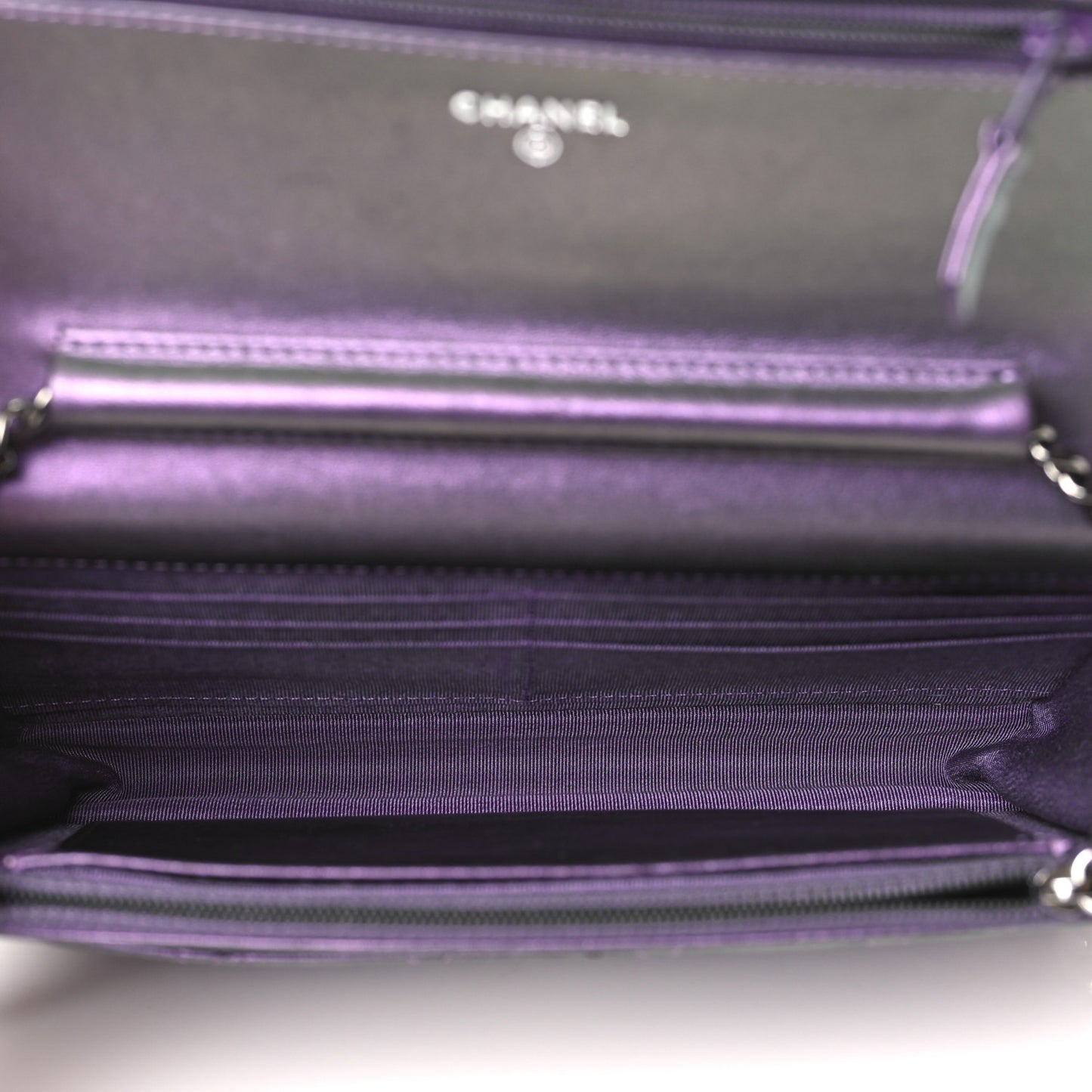 Iridescent Lambskin Quilted Wallet On Chain WOC Dark Purple