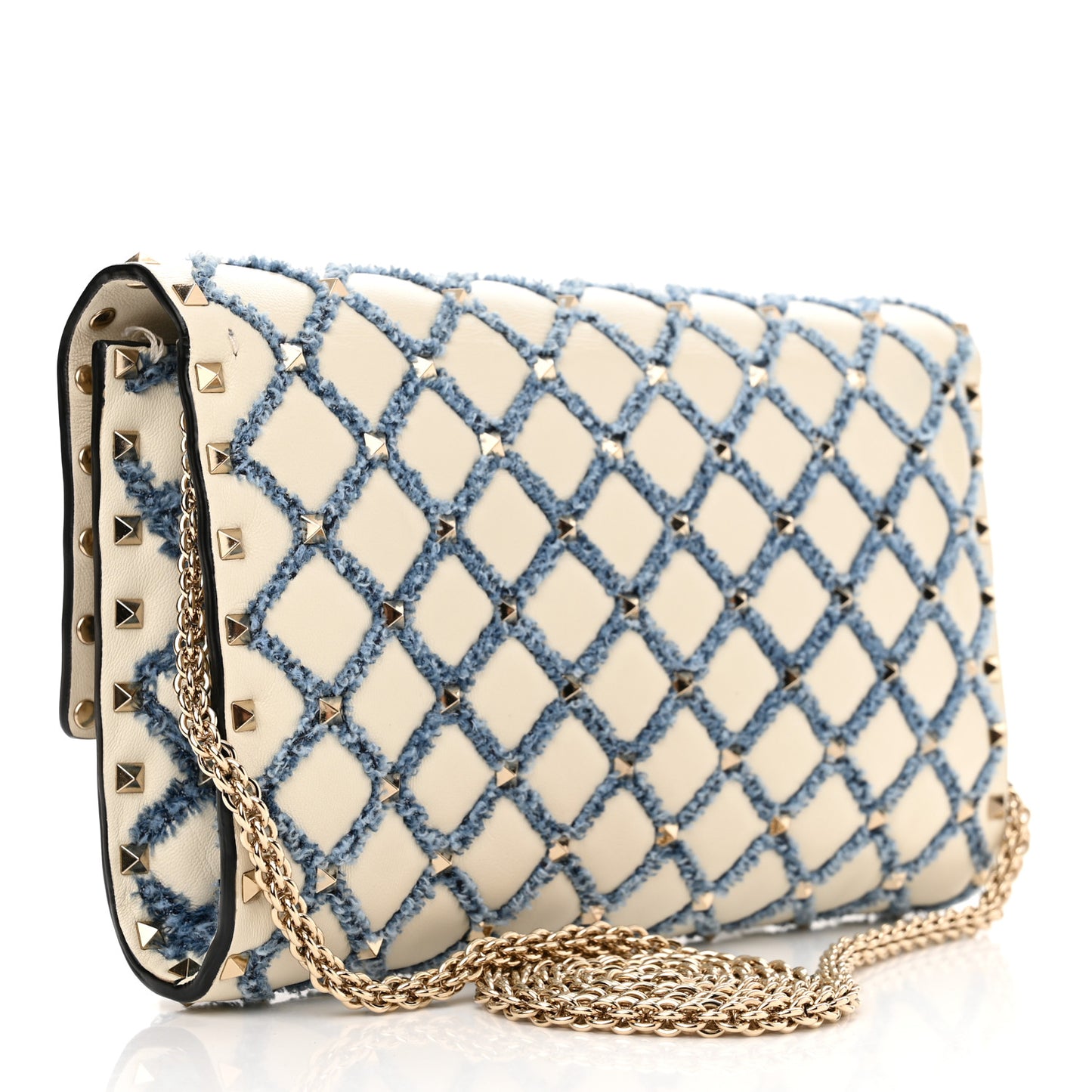 Nappa Denim Quilted Rockstud Spike Wallet on Chain Ivory Blue