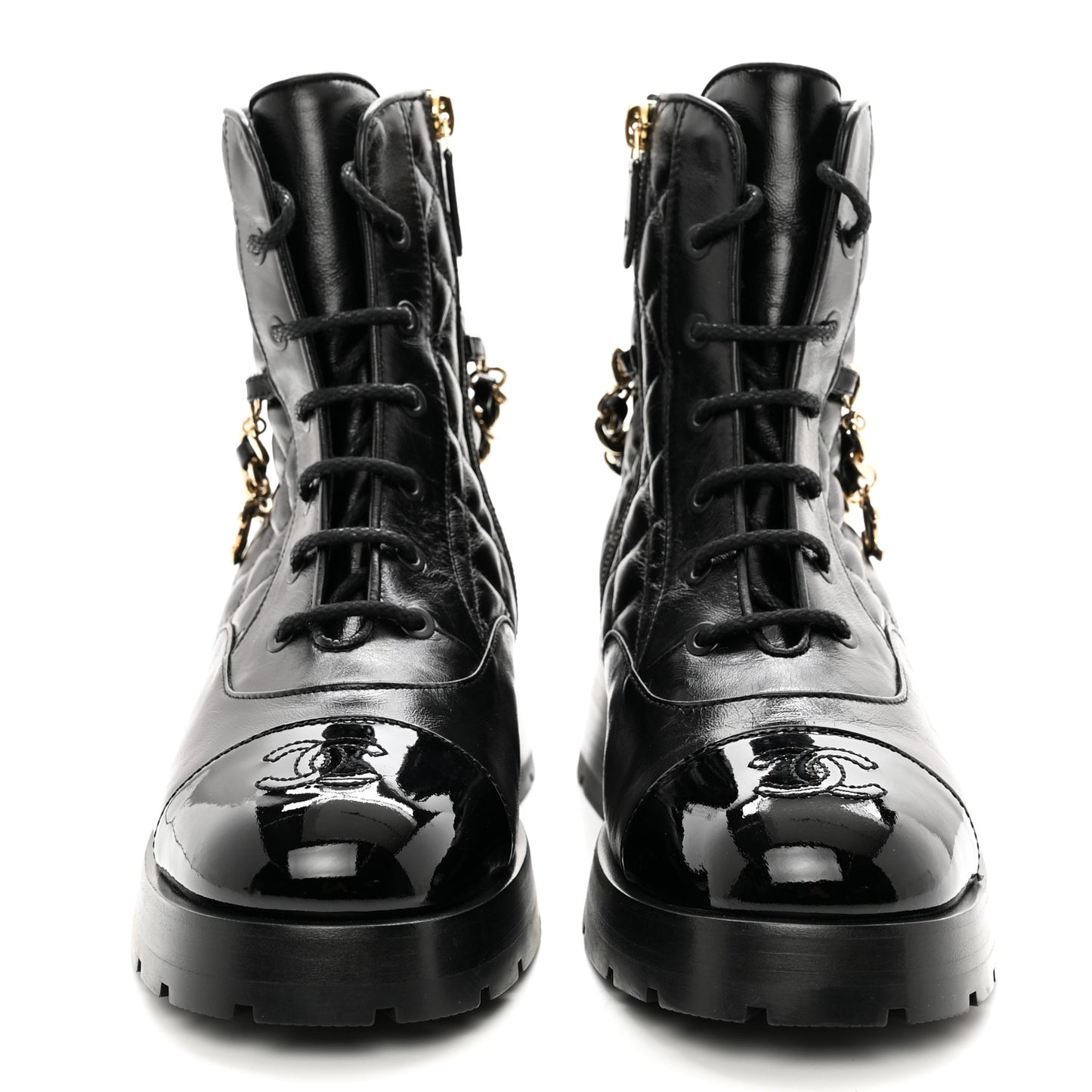 Shiny Calfskin Patent Quilted Chain Lace Up Combat Boots 39 Black