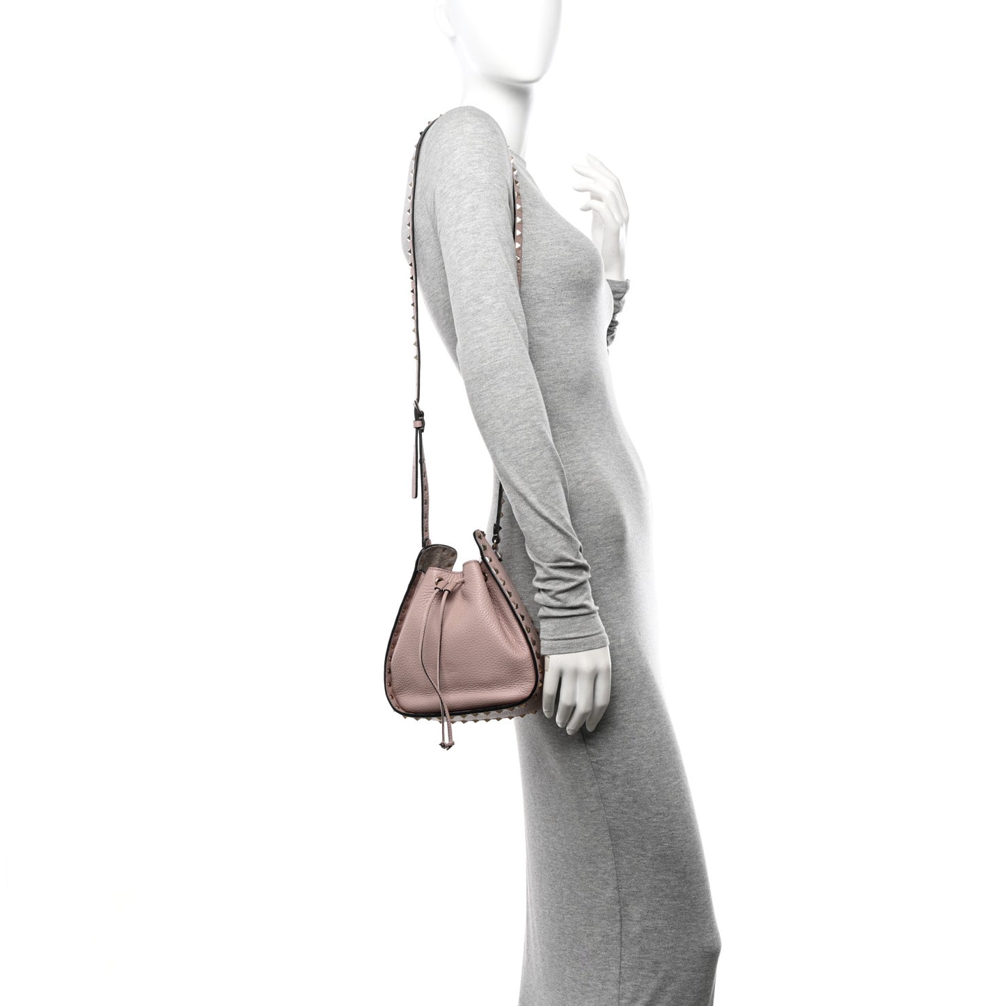 Grained Calfskin Rockstud Bucket Bag Poudre