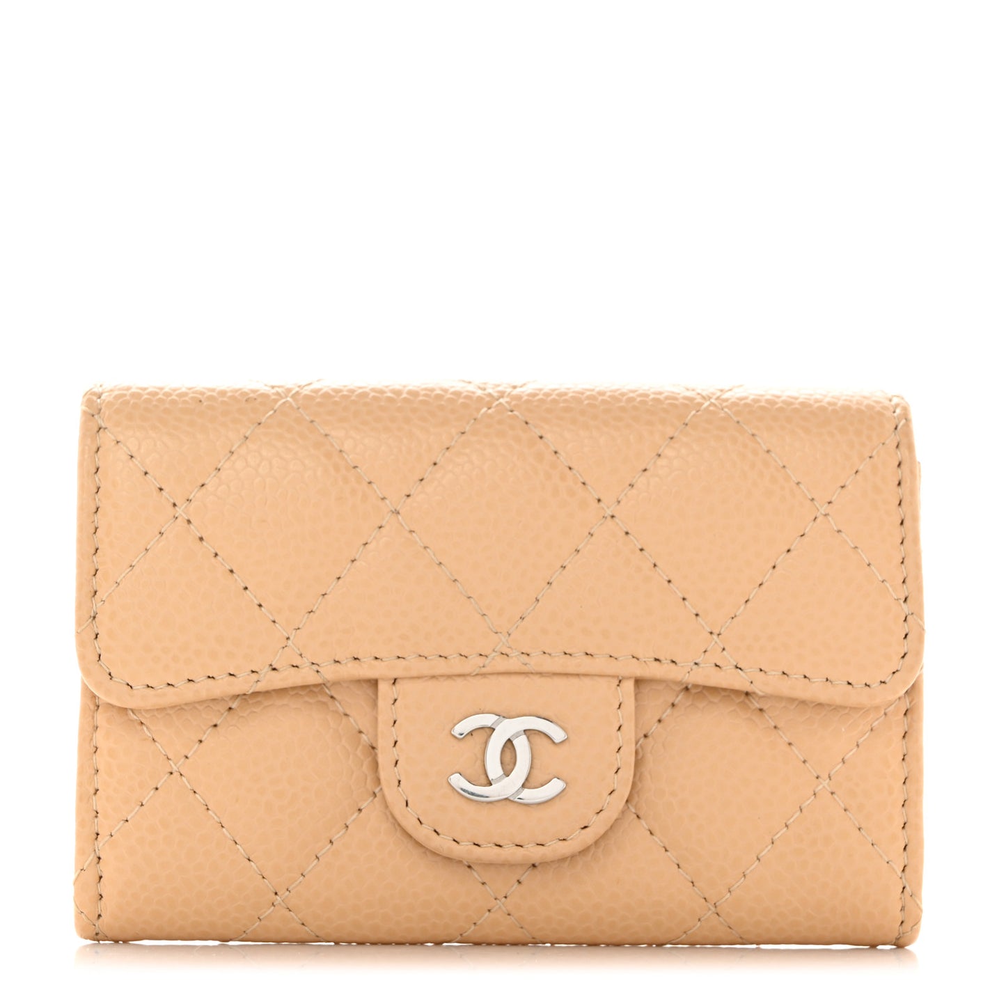 Caviar Quilted Flap Card Holder Wallet Beige