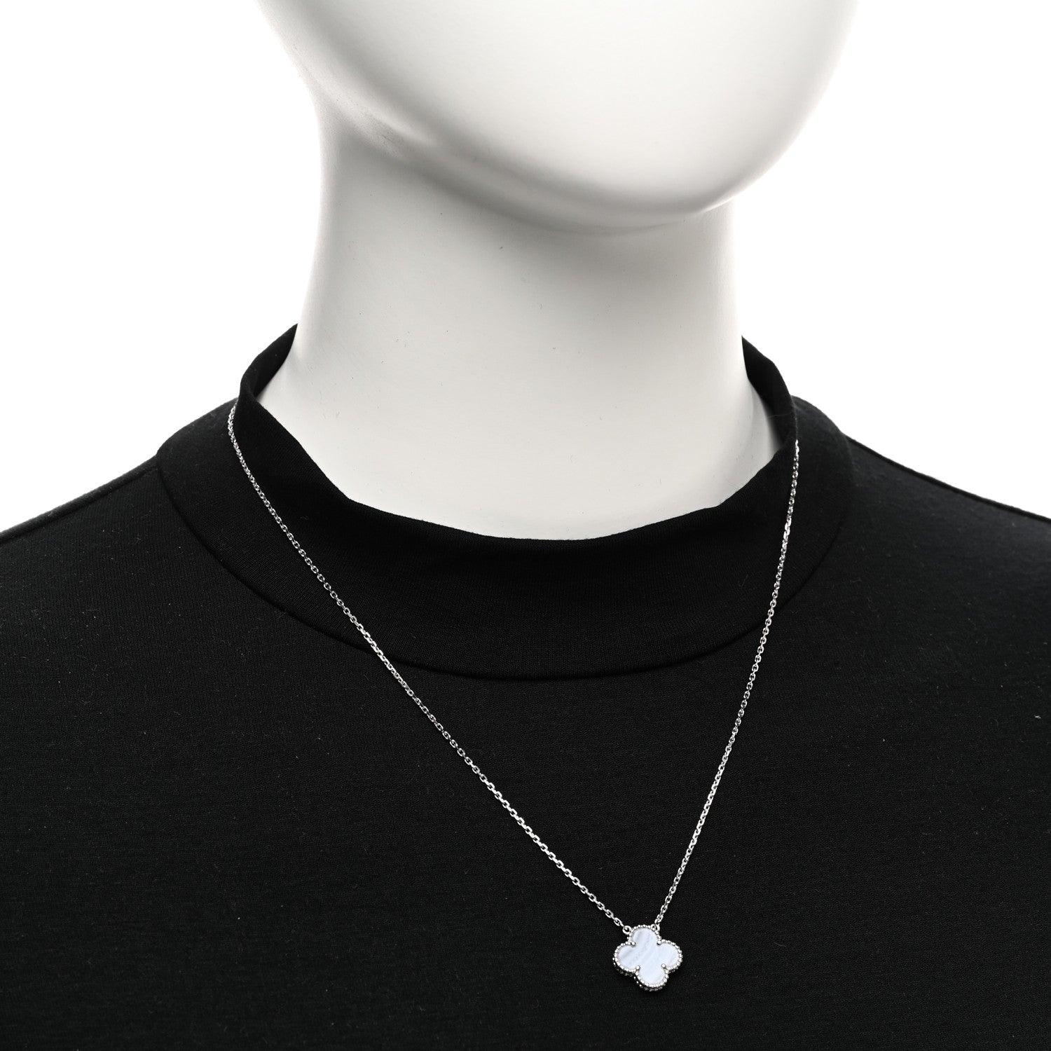 Van Cleef & Arpels 18K White Gold Chalcedony Vintage Alhambra Pendant Necklace 2 of 5