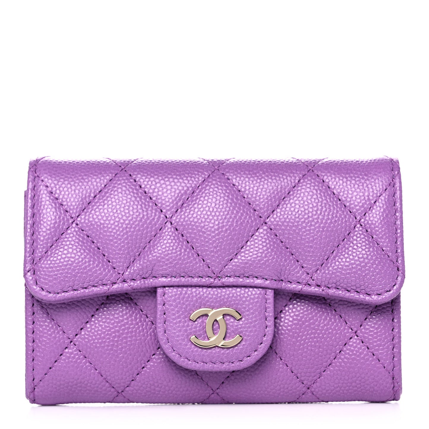 Caviar Quilted Flap Card Holder Wallet Purple