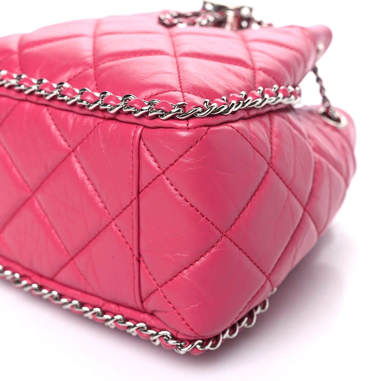 Crumpled Calfskin Quilted Chain All Over Drawstring Bucket Bag Pink