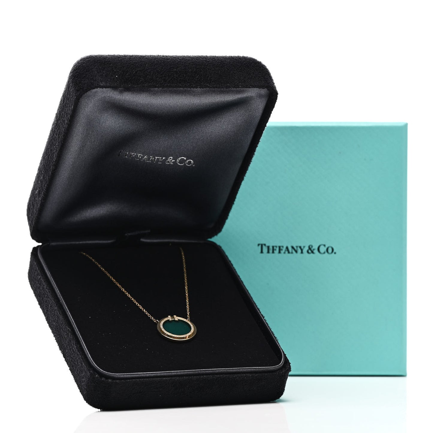 18K Yellow Gold Diamond Green Agate T Circle Pendant Necklace