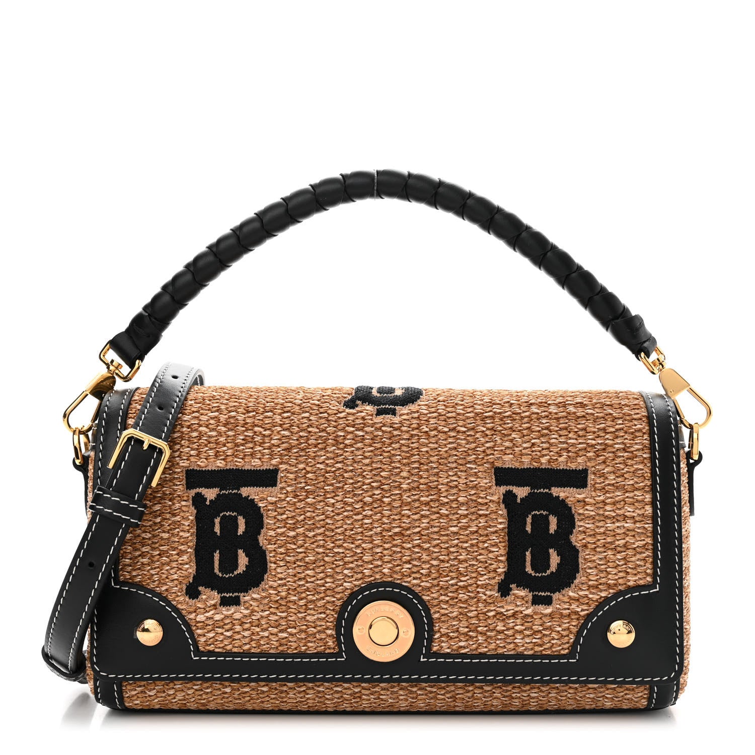 Burberry Raffia Calfskin TB Small Note Crossbody Bag Natural Black 1 of 11