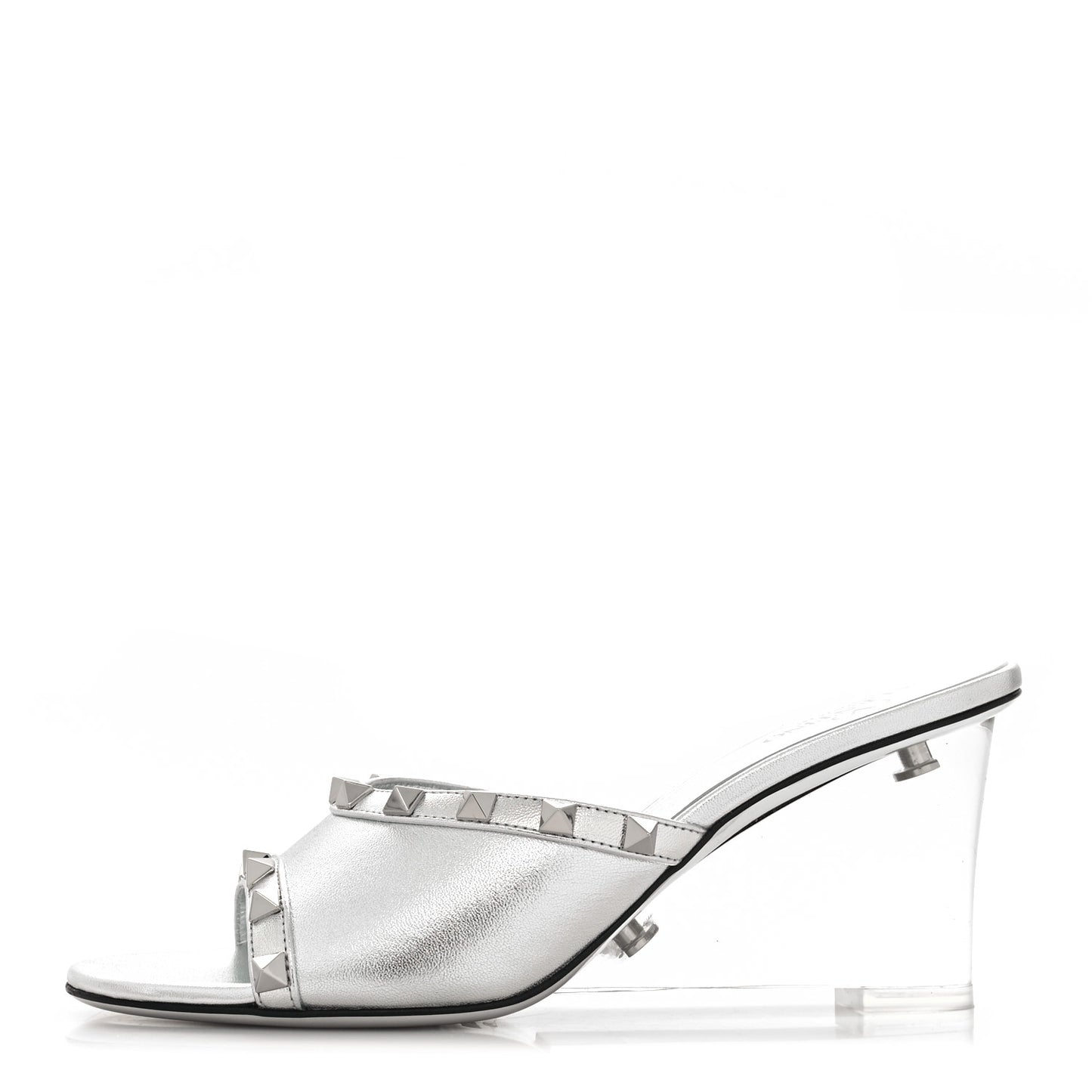 Metallic Lambskin Plexiglass Rockstud 75mm Wedge Sandals 37 Silver Transparent