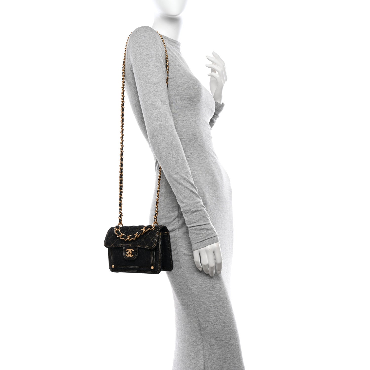 Chanel Denim Quilted Double You Mini Flap Black Golden 2 of 11