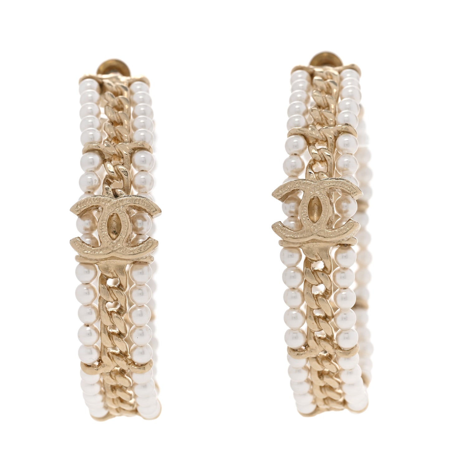 Pearl CC Chain Hoop Earrings Gold