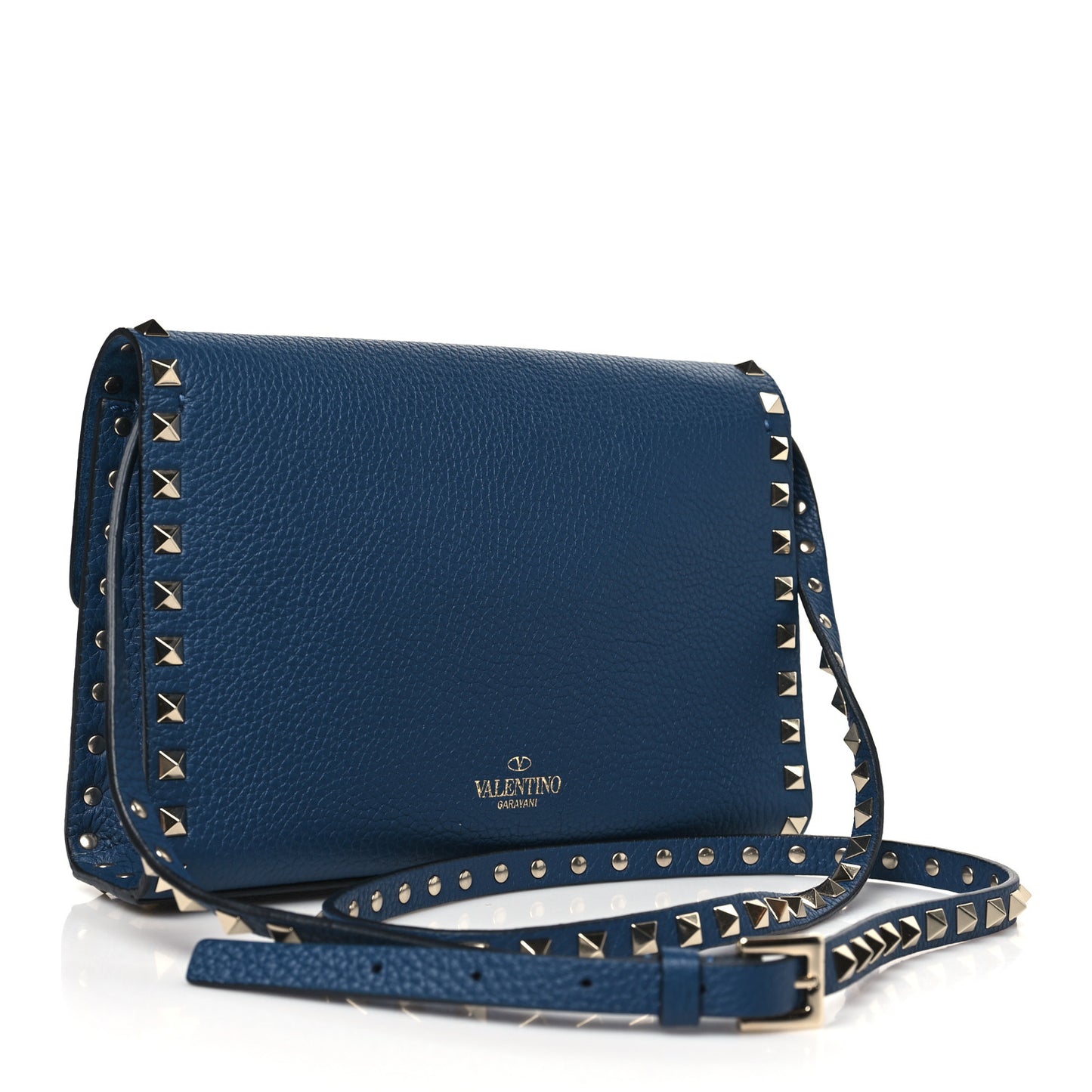 Pebbled Calfskin Medium Rockstud Flip Lock Crossbody Bag Peacock
