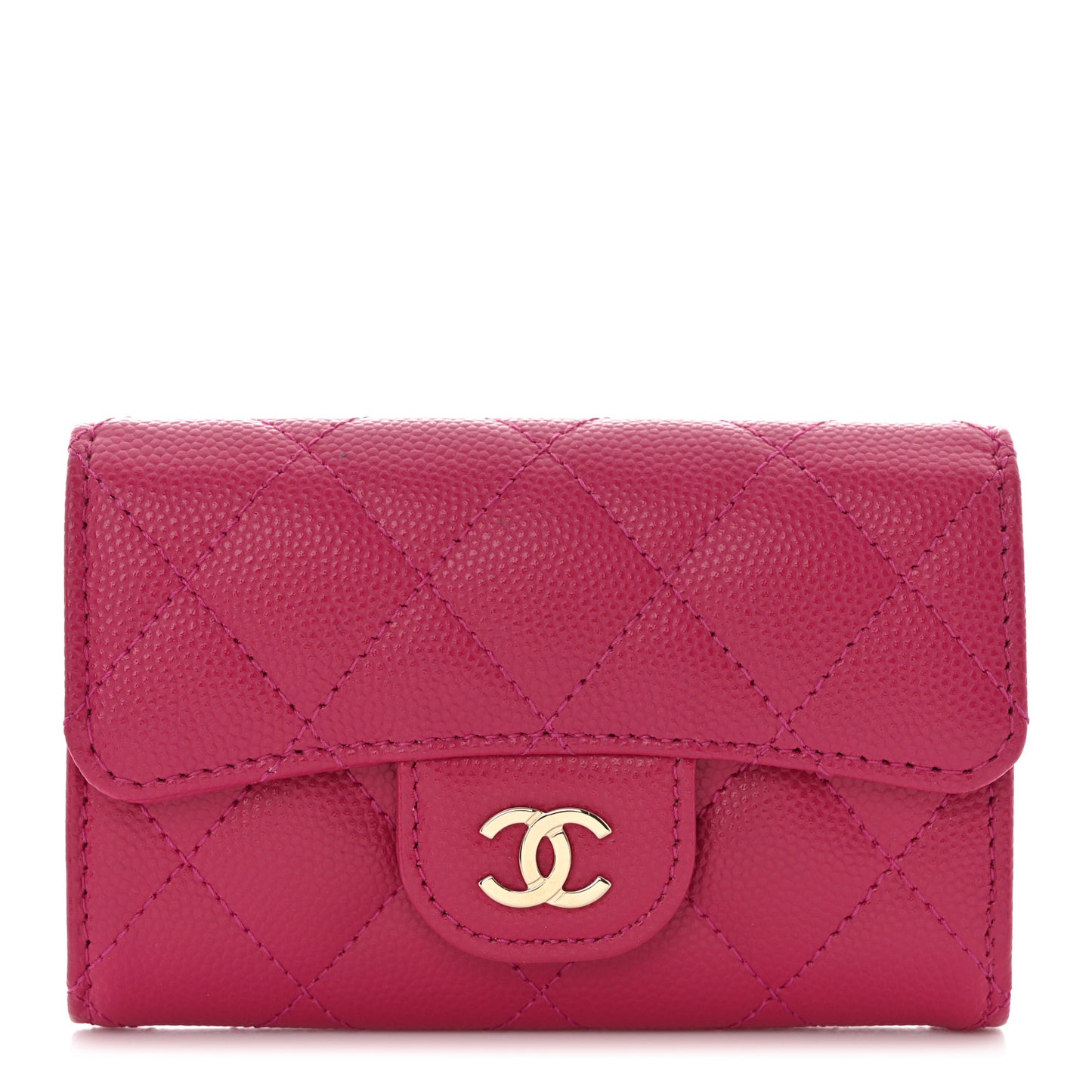Caviar Quilted Flap Card Holder Wallet Fuchsia