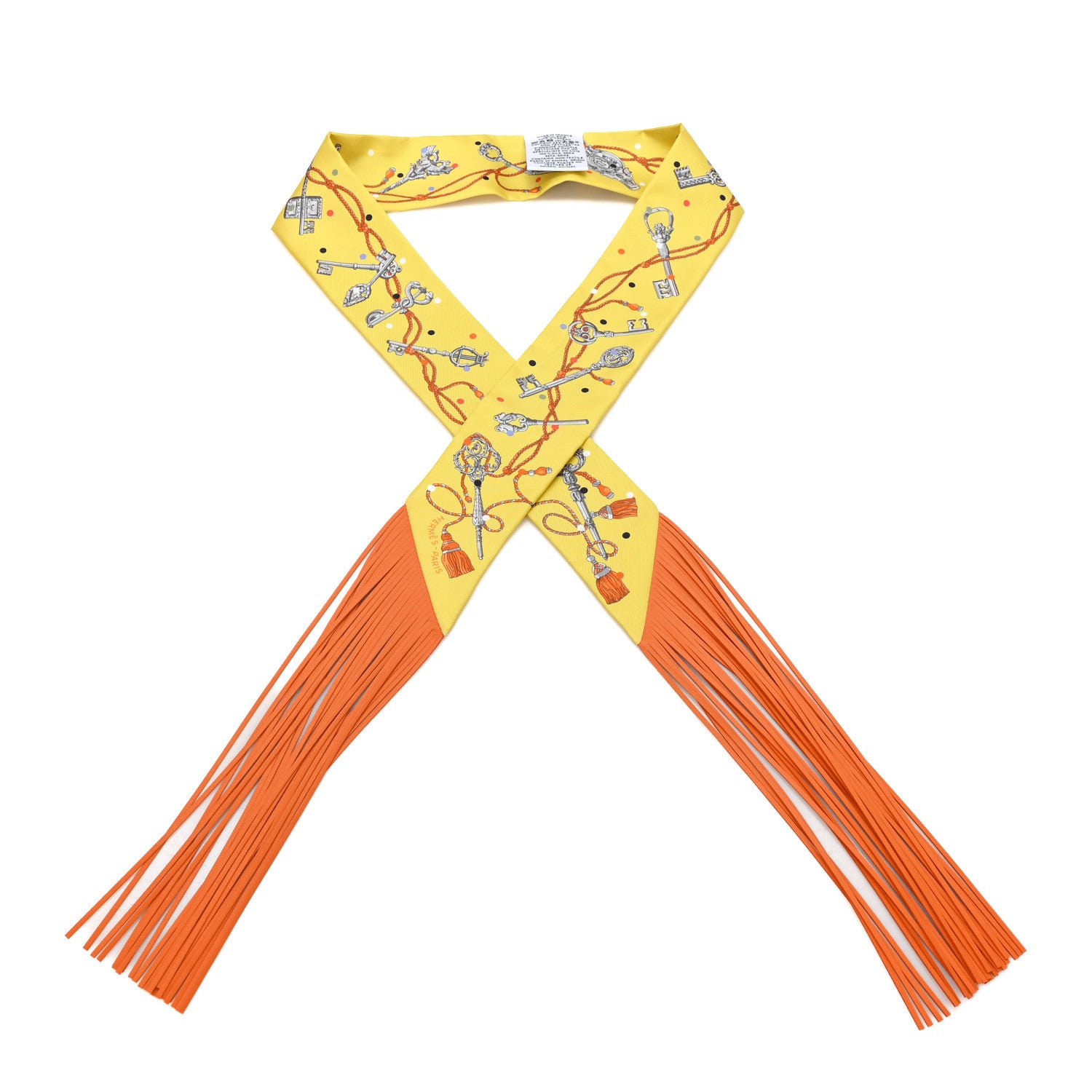 HERMES ツイリー HK-Hermes 100% Silk Yellow Hermes Silk Calfskin Les Cles A Pois Fringed Twilly Jaune Argent