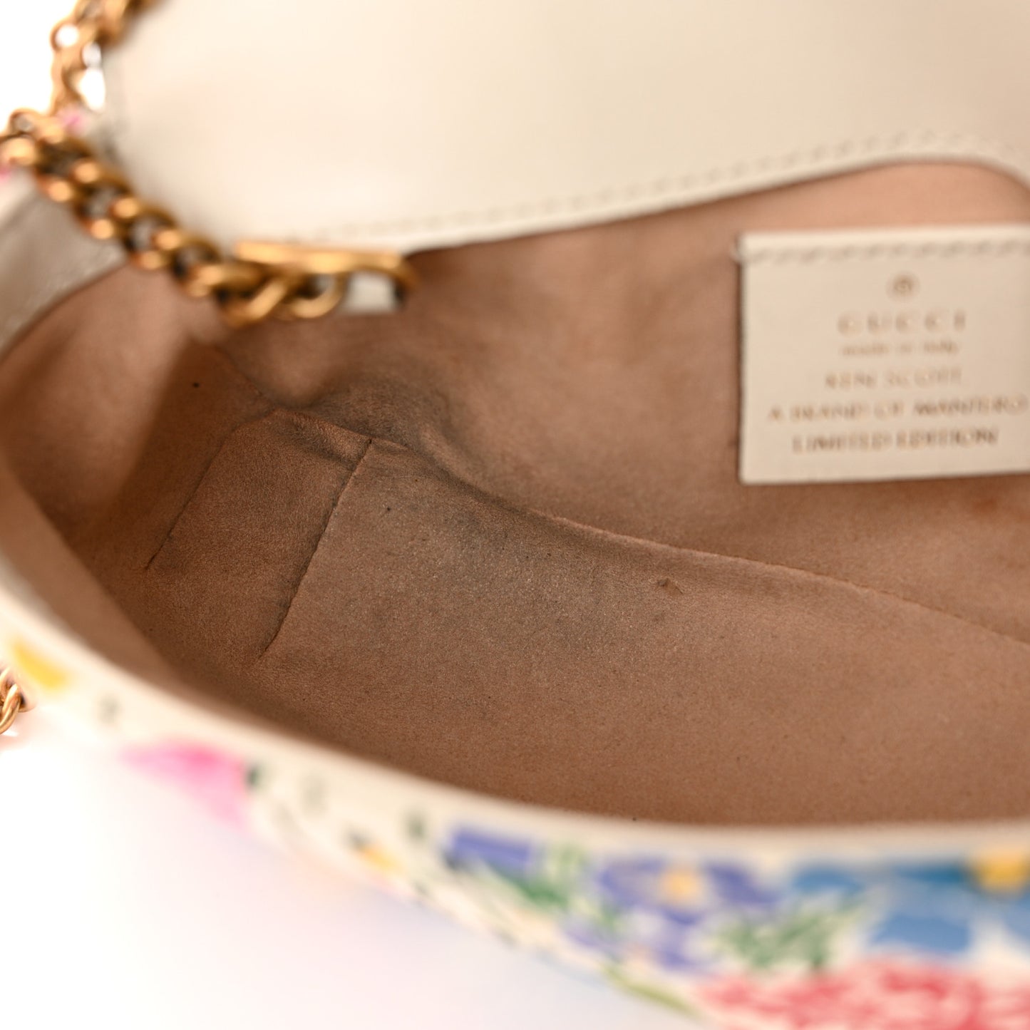 X KEN SCOTT Calfskin Matelasse Floral Print Super Mini GG Marmont Shoulder Bag Ivory Pink