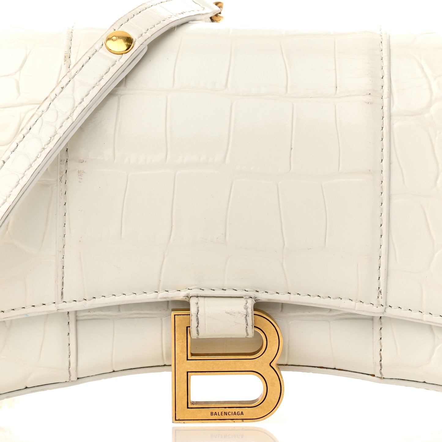Shiny Calfskin Crocodile Embossed Hourglass Chain Bag White