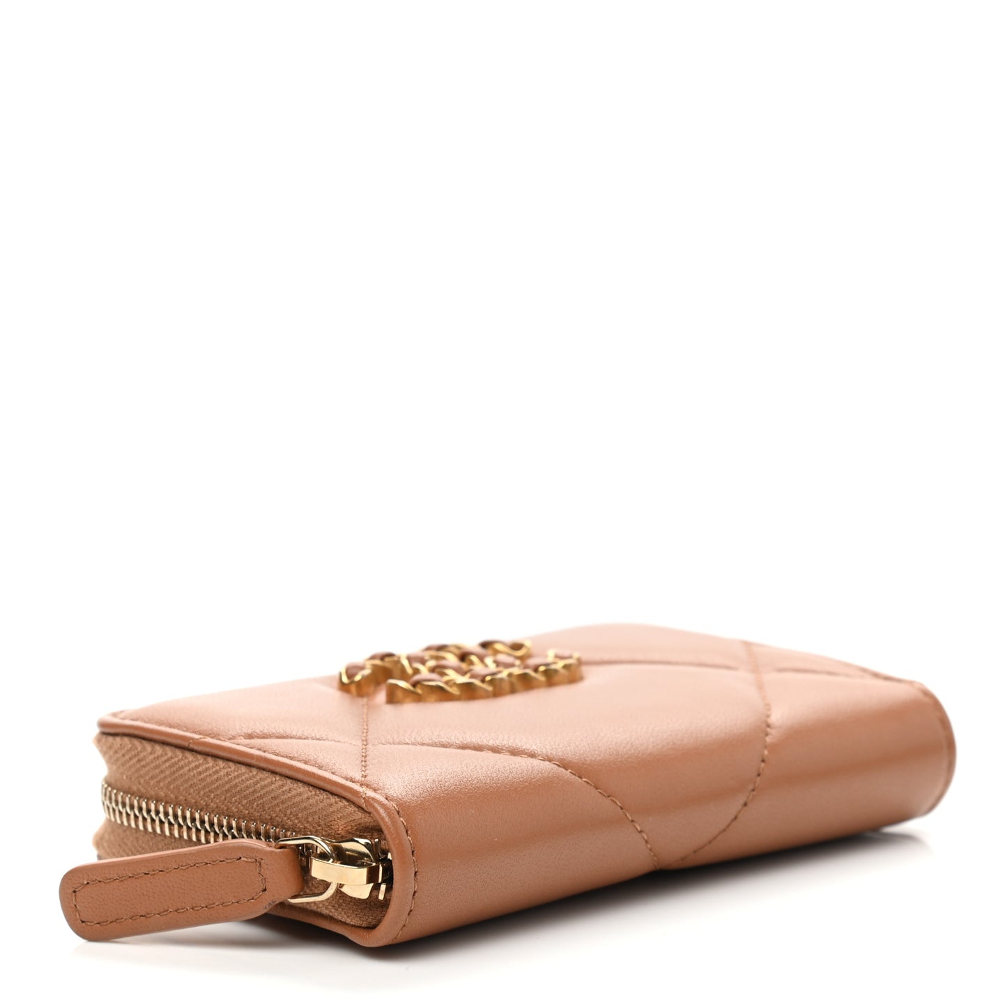 Lambskin Quilted Chanel 19 Zip Around Coin Purse Wallet Brown