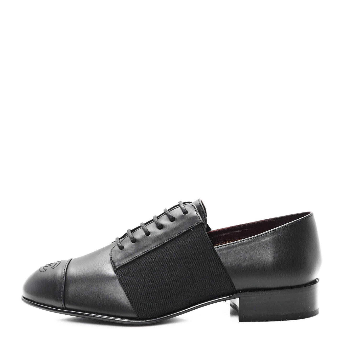 Calfskin Elastic Lace Up Cap Toe CC Loafers 36.5 Black