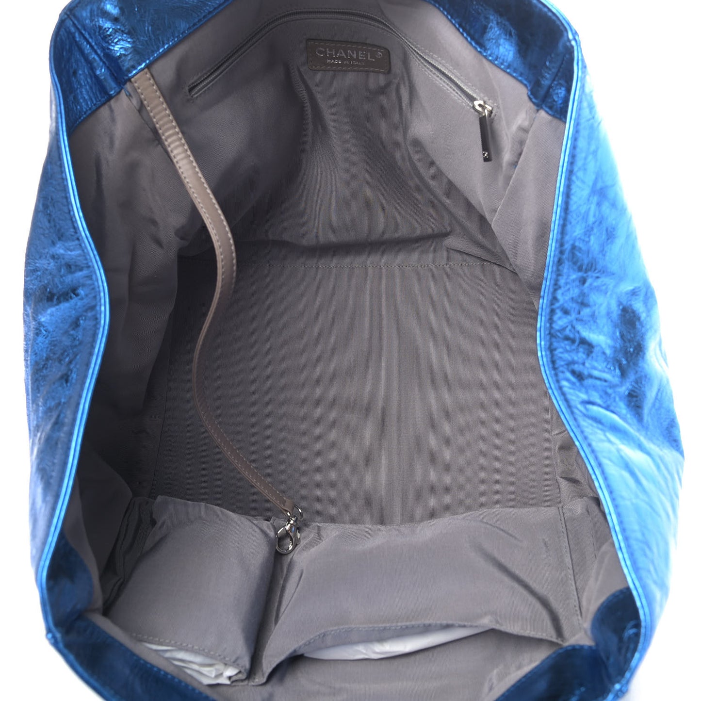 Metallic Cracked Calfskin Modern Chain Tote Blue