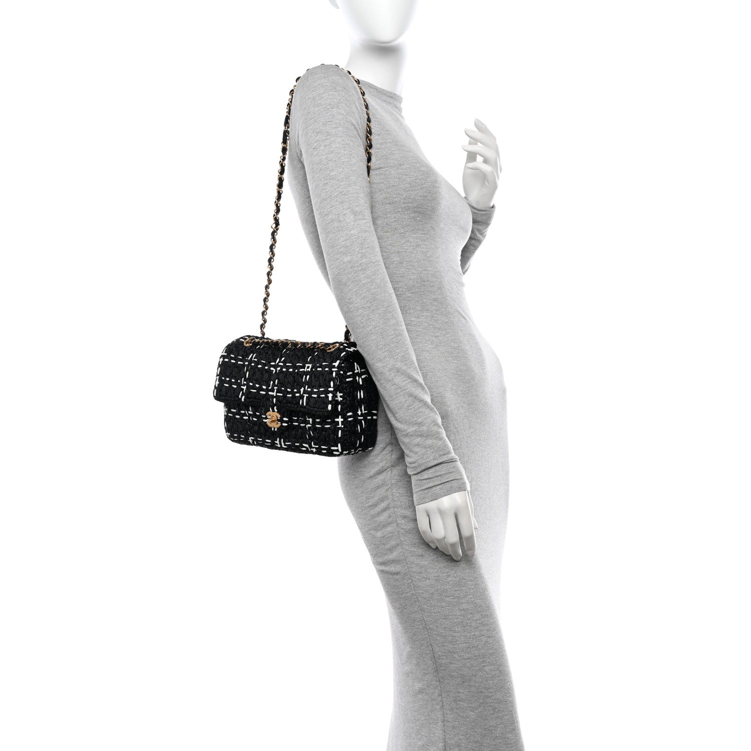 Chanel Raffia Effect Medium Tweedy Flap Bag Black White 2 of 10