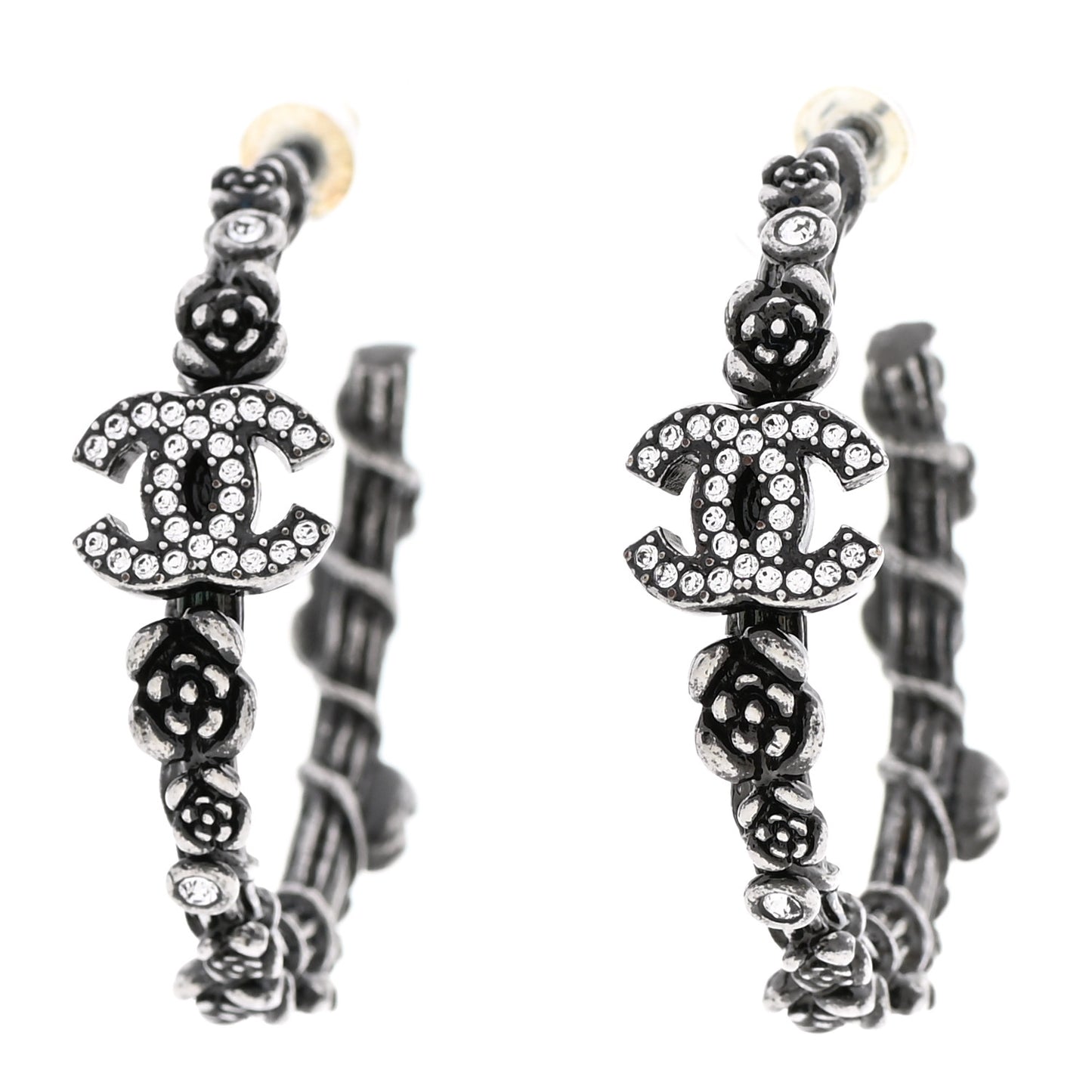 Crystal Camellia CC Hoop Earrings Ruthenium