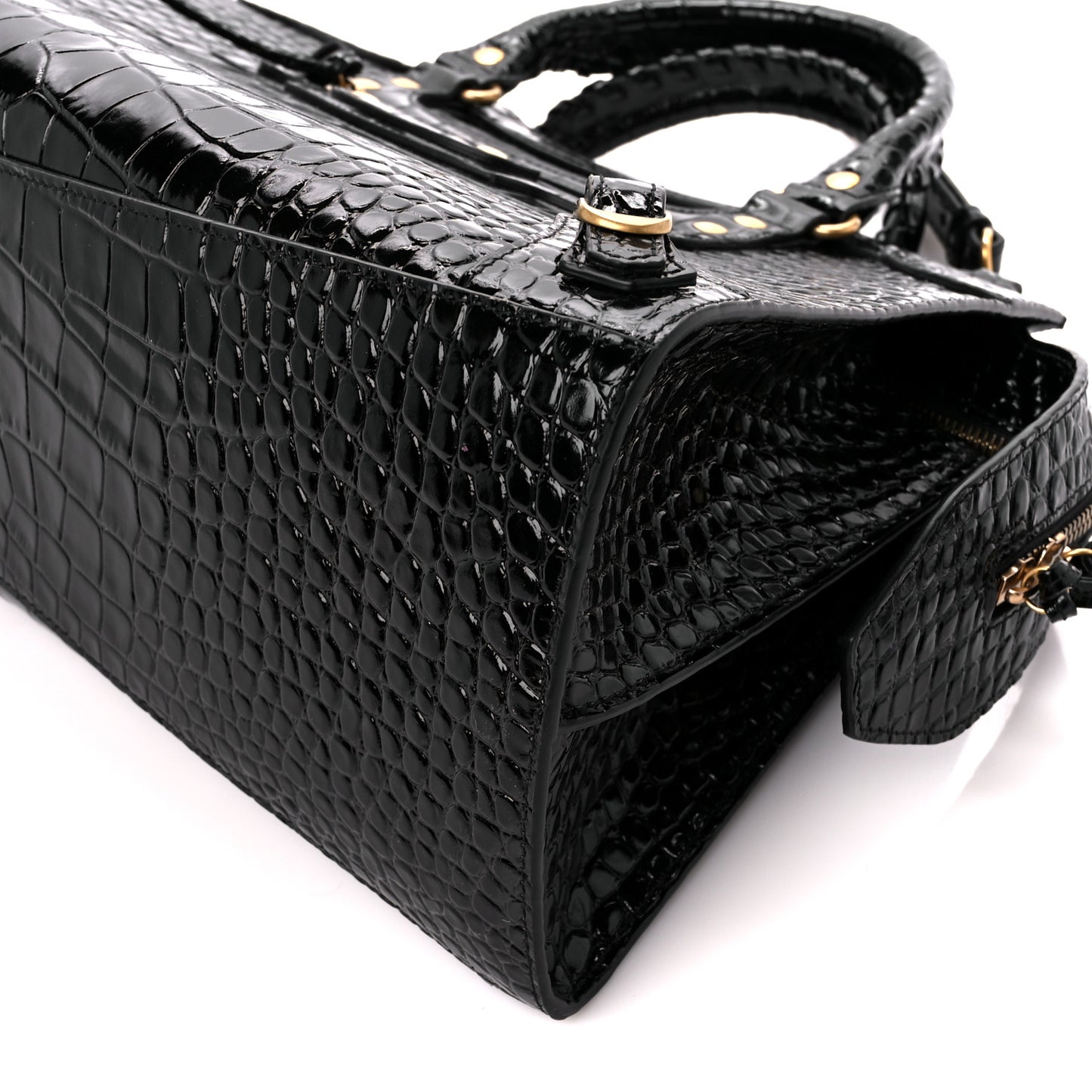 Shiny Supple Calfskin Crocodile Embossed Brass Hardware Neo Classic City Black