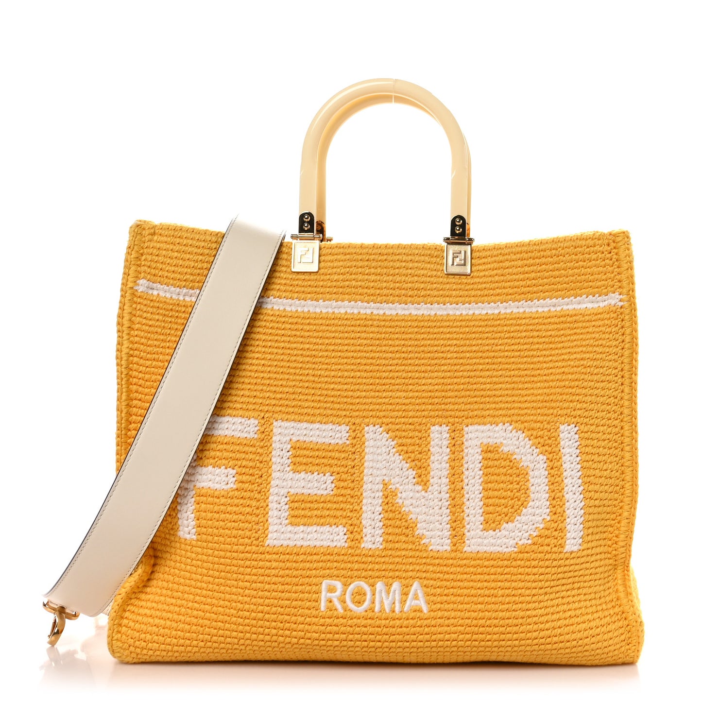 Crochet Vitello King Logo Plexiglass Medium Fendi Sunshine Shopper Tote Mimosa Panna