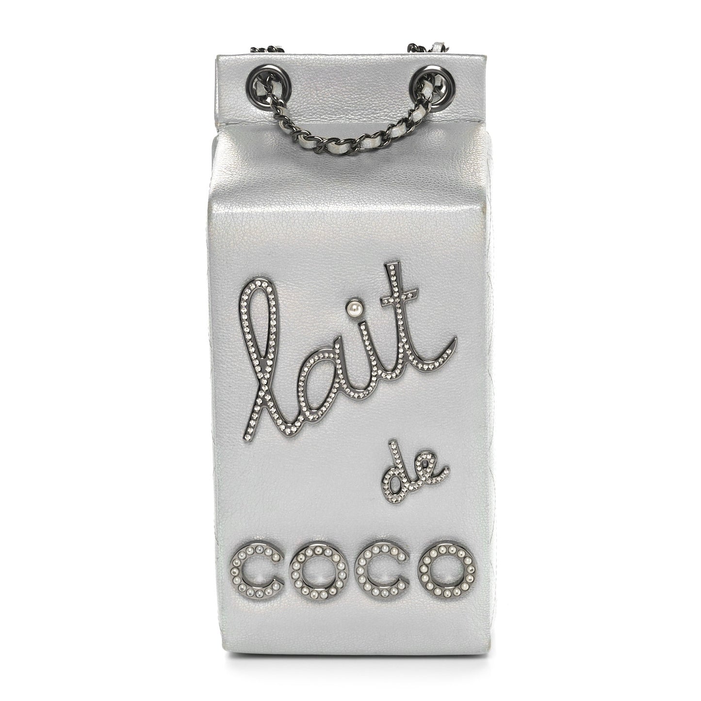 Metallic Goatskin Lait de Coco Milk Carton Bag Silver
